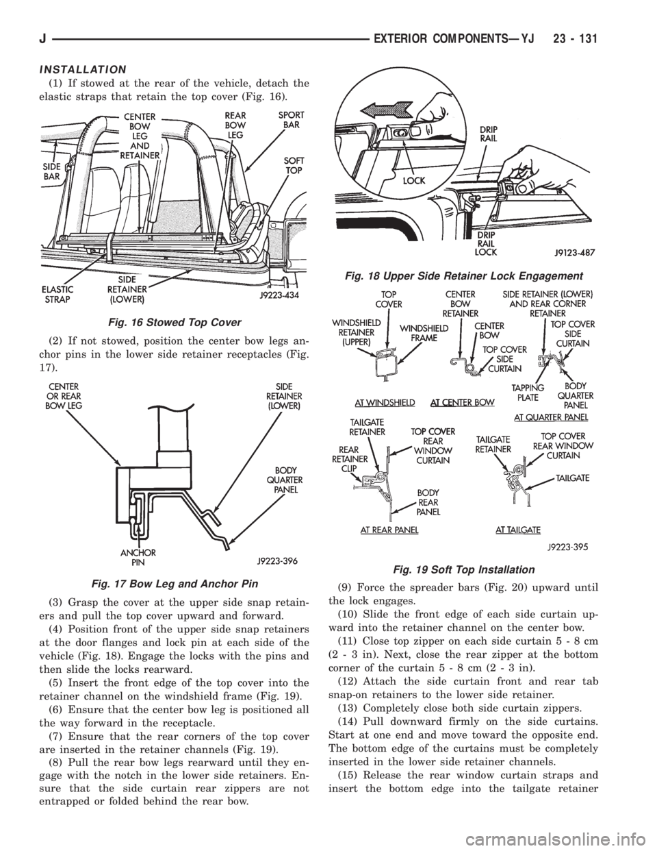 JEEP XJ 1995 Service And Repair Manual INSTALLATION
(1) If stowed at the rear of the vehicle, detach the
elastic straps that retain the top cover (Fig. 16).
(2) If not stowed, position the center bow legs an-
chor pins in the lower side re JEEP XJ 1995 Service And Repair Manual INSTALLATION
(1) If stowed at the rear of the vehicle, detach the
elastic straps that retain the top cover (Fig. 16).
(2) If not stowed, position the center bow legs an-
chor pins in the lower side re