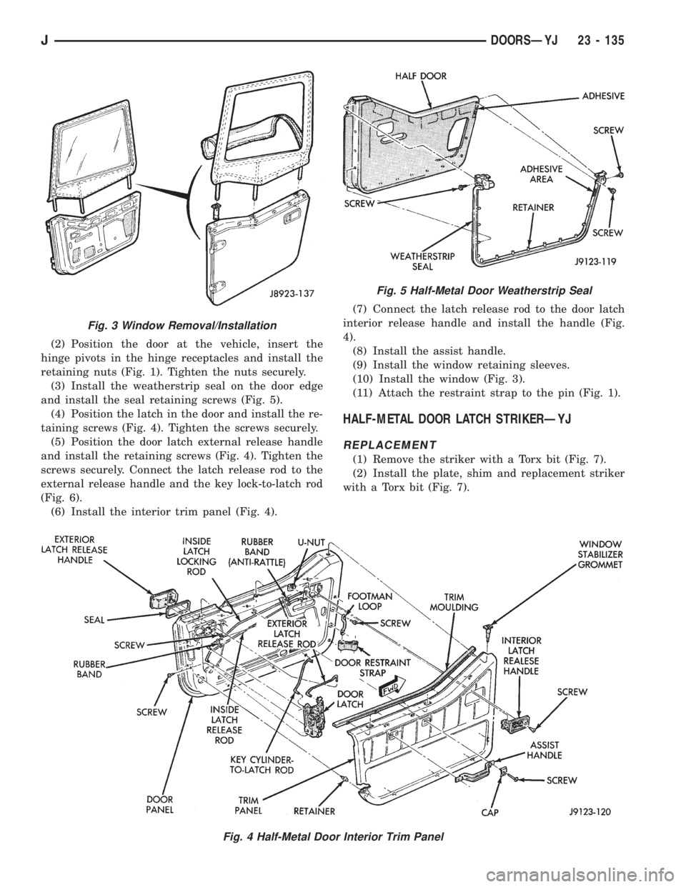 JEEP XJ 1995 Service And Repair Manual (2) Position the door at the vehicle, insert the
hinge pivots in the hinge receptacles and install the
retaining nuts (Fig. 1). Tighten the nuts securely.
(3) Install the weatherstrip seal on the door JEEP XJ 1995 Service And Repair Manual (2) Position the door at the vehicle, insert the
hinge pivots in the hinge receptacles and install the
retaining nuts (Fig. 1). Tighten the nuts securely.
(3) Install the weatherstrip seal on the door