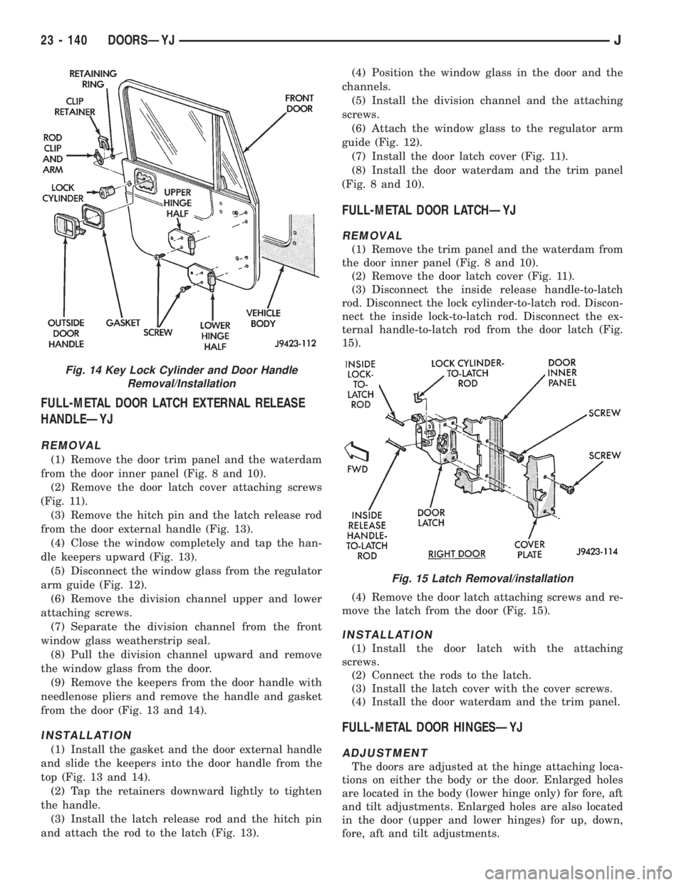JEEP XJ 1995 Service And Repair Manual FULL-METAL DOOR LATCH EXTERNAL RELEASE
HANDLEÐYJ
REMOVAL
(1) Remove the door trim panel and the waterdam
from the door inner panel (Fig. 8 and 10).
(2) Remove the door latch cover attaching screws
(F JEEP XJ 1995 Service And Repair Manual FULL-METAL DOOR LATCH EXTERNAL RELEASE
HANDLEÐYJ
REMOVAL
(1) Remove the door trim panel and the waterdam
from the door inner panel (Fig. 8 and 10).
(2) Remove the door latch cover attaching screws
(F