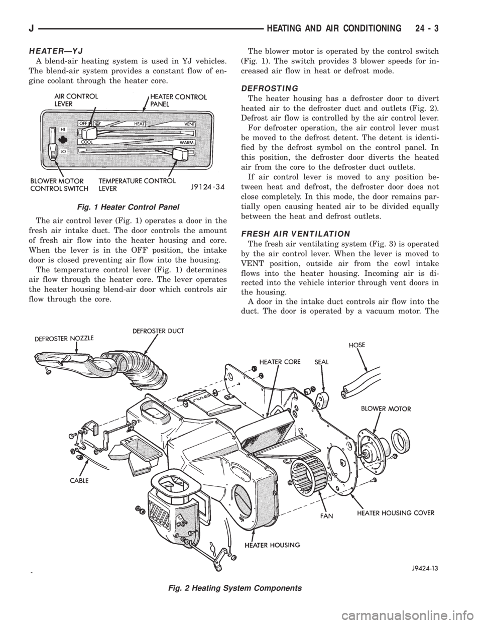 JEEP XJ 1995 Service And Repair Manual HEATERÐYJ
A blend-air heating system is used in YJ vehicles.
The blend-air system provides a constant flow of en-
gine coolant through the heater core.
The air control lever (Fig. 1) operates a door JEEP XJ 1995 Service And Repair Manual HEATERÐYJ
A blend-air heating system is used in YJ vehicles.
The blend-air system provides a constant flow of en-
gine coolant through the heater core.
The air control lever (Fig. 1) operates a door