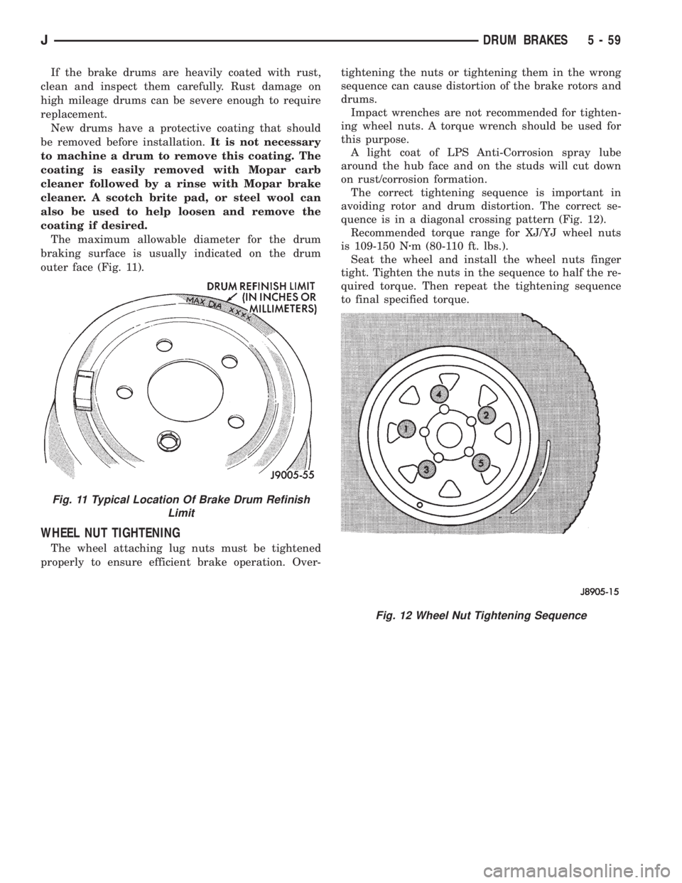 JEEP XJ 1995 Service And Repair Manual If the brake drums are heavily coated with rust,
clean and inspect them carefully. Rust damage on
high mileage drums can be severe enough to require
replacement.
New drums have a protective coating th JEEP XJ 1995 Service And Repair Manual If the brake drums are heavily coated with rust,
clean and inspect them carefully. Rust damage on
high mileage drums can be severe enough to require
replacement.
New drums have a protective coating th