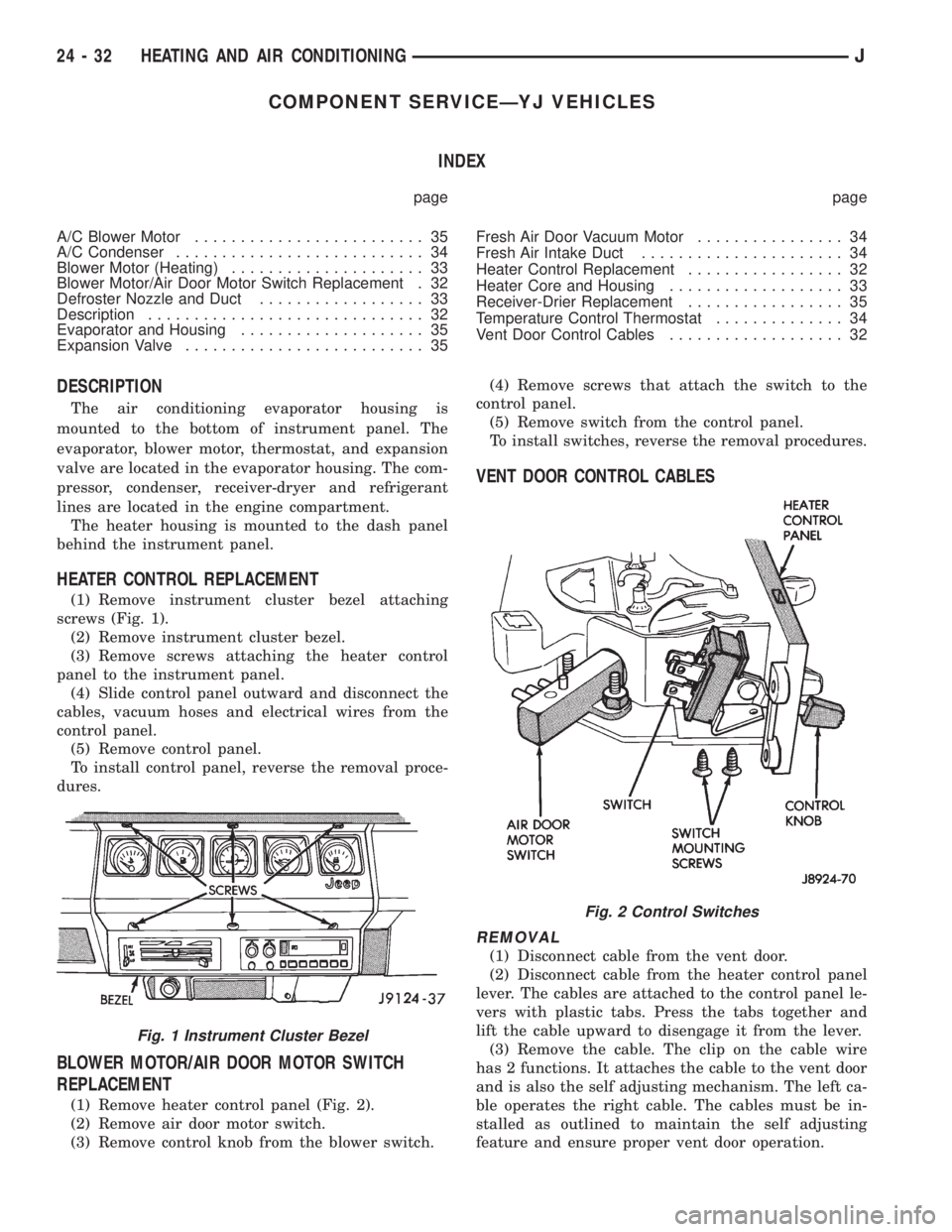 JEEP XJ 1995  Service And Repair Manual COMPONENT SERVICEÐYJ VEHICLES
INDEX
page page
A/C Blower Motor......................... 35
A/C Condenser........................... 34
Blower Motor (Heating)..................... 33
Blower Motor/Air 