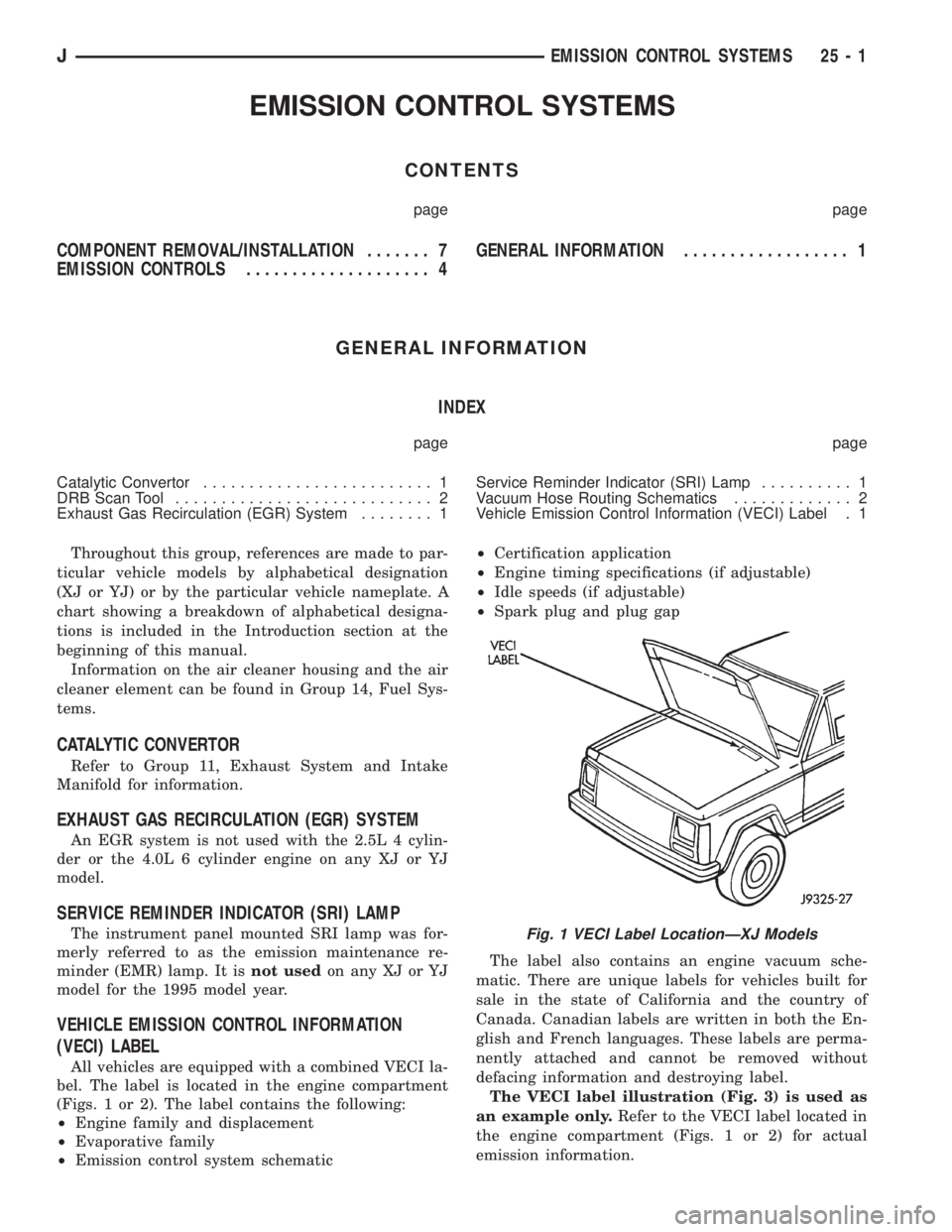 JEEP XJ 1995  Service And Repair Manual EMISSION CONTROL SYSTEMS
CONTENTS
page page
COMPONENT REMOVAL/INSTALLATION....... 7
EMISSION CONTROLS.................... 4GENERAL INFORMATION.................. 1
GENERAL INFORMATION
INDEX
page page
C