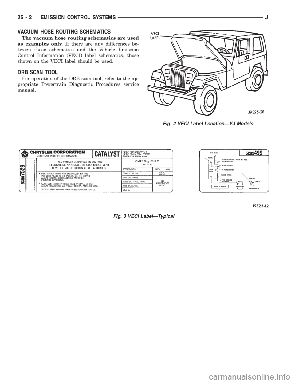 JEEP XJ 1995  Service And Repair Manual VACUUM HOSE ROUTING SCHEMATICS
The vacuum hose routing schematics are used
as examples only.If there are any differences be-
tween these schematics and the Vehicle Emission
Control Information (VECI) 