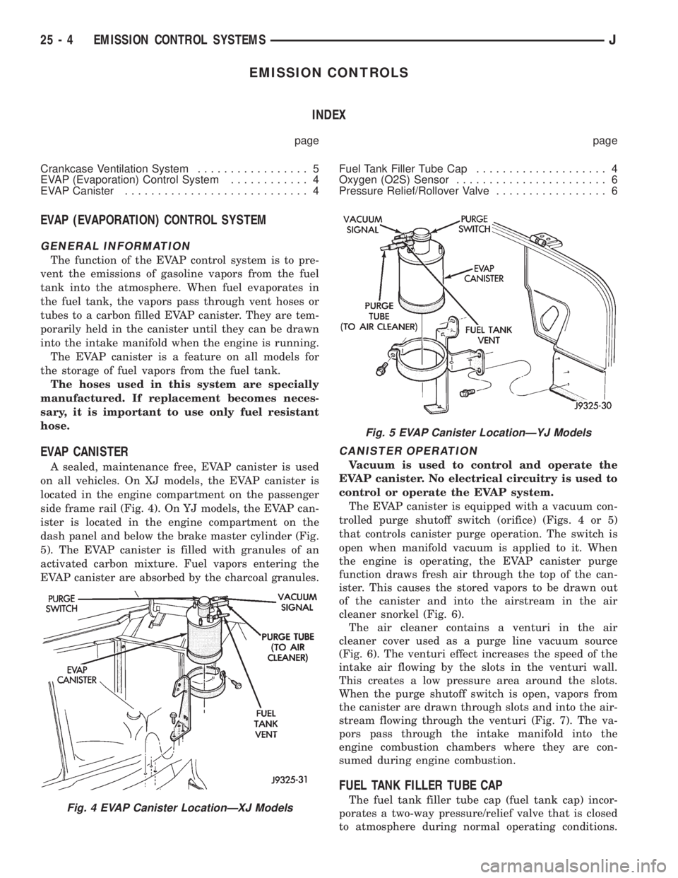 JEEP XJ 1995 Service And Repair Manual EMISSION CONTROLS
INDEX
page page
Crankcase Ventilation System................. 5
EVAP (Evaporation) Control System............ 4
EVAP Canister............................ 4Fuel Tank Filler Tube Cap.. JEEP XJ 1995 Service And Repair Manual EMISSION CONTROLS
INDEX
page page
Crankcase Ventilation System................. 5
EVAP (Evaporation) Control System............ 4
EVAP Canister............................ 4Fuel Tank Filler Tube Cap..
