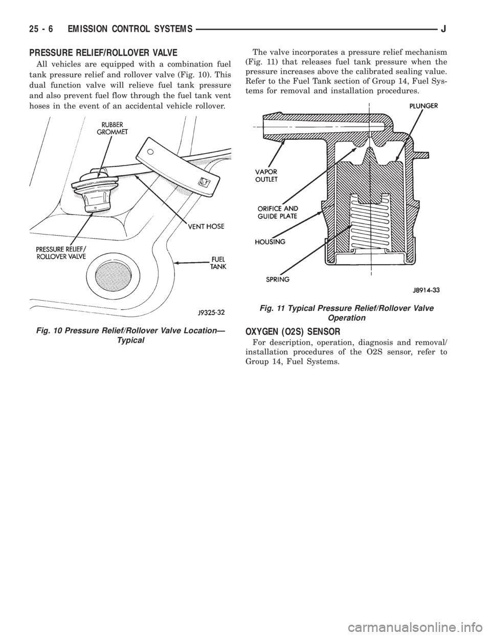 JEEP XJ 1995 Service And Repair Manual PRESSURE RELIEF/ROLLOVER VALVE
All vehicles are equipped with a combination fuel
tank pressure relief and rollover valve (Fig. 10). This
dual function valve will relieve fuel tank pressure
and also pr JEEP XJ 1995 Service And Repair Manual PRESSURE RELIEF/ROLLOVER VALVE
All vehicles are equipped with a combination fuel
tank pressure relief and rollover valve (Fig. 10). This
dual function valve will relieve fuel tank pressure
and also pr