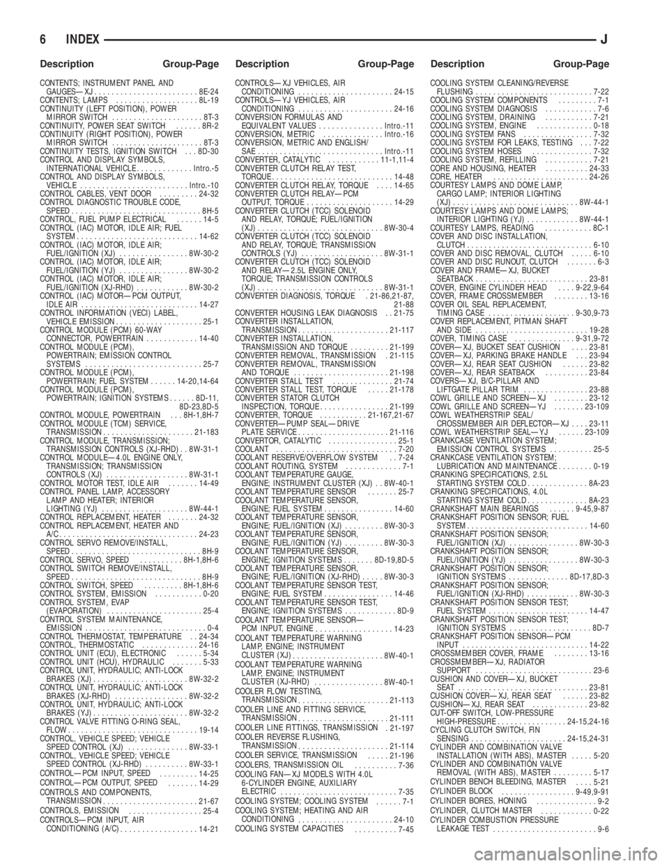 JEEP XJ 1995  Service And Repair Manual CONTENTS; INSTRUMENT PANEL AND
GAUGESÐXJ........................8E-24
CONTENTS; LAMPS...................8L-19
CONTINUITY (LEFT POSITION), POWER
MIRROR SWITCH.....................8T-3
CONTINUITY, POWE