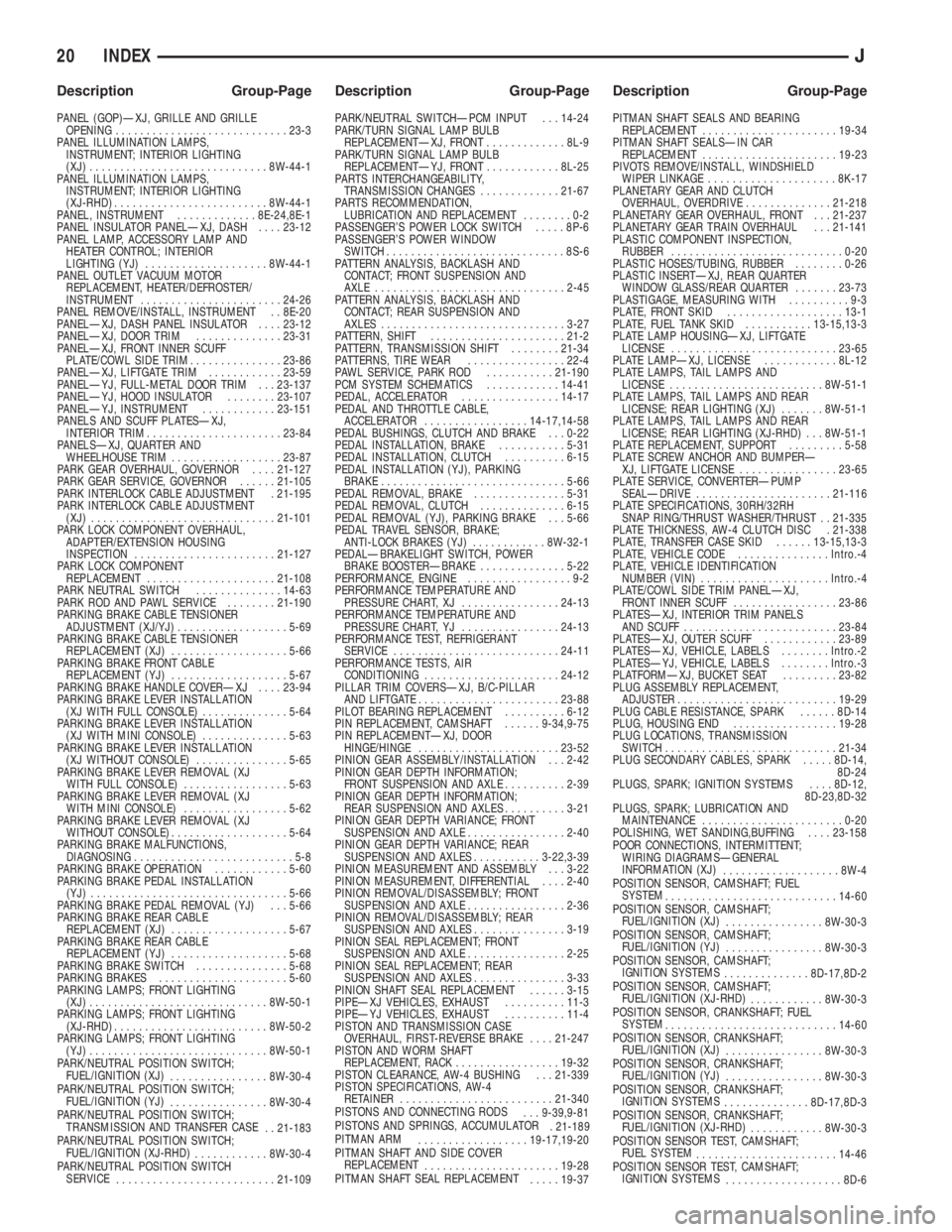 JEEP XJ 1995  Service And Repair Manual PANEL (GOP)ÐXJ, GRILLE AND GRILLE
OPENING............................23-3
PANEL ILLUMINATION LAMPS,
INSTRUMENT; INTERIOR LIGHTING
(XJ).............................8W-44-1
PANEL ILLUMINATION LAMPS,
IN