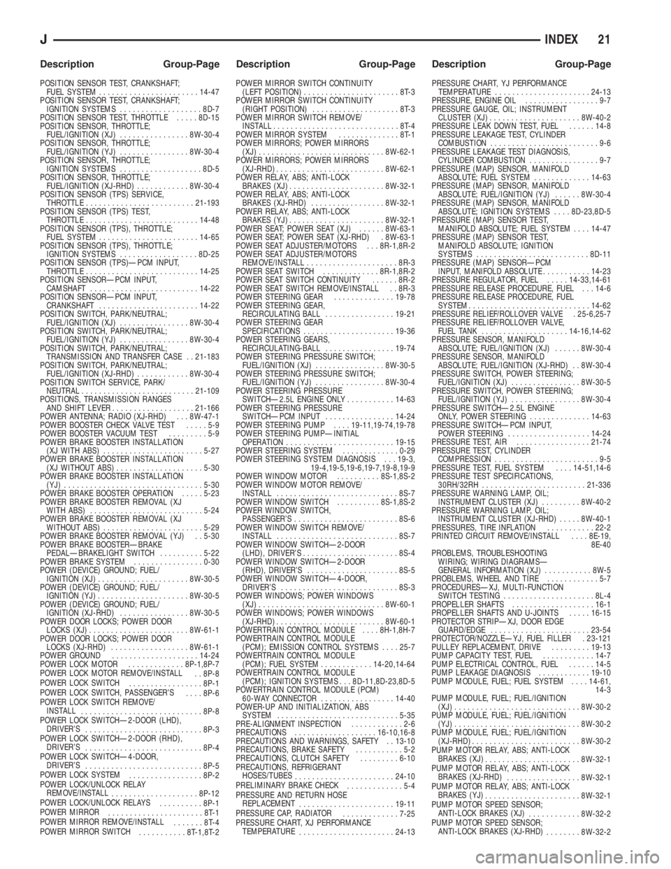 JEEP XJ 1995  Service And Repair Manual POSITION SENSOR TEST, CRANKSHAFT;
FUEL SYSTEM.......................14-47
POSITION SENSOR TEST, CRANKSHAFT;
IGNITION SYSTEMS...................8D-7
POSITION SENSOR TEST, THROTTLE.....8D-15
POSITION SE