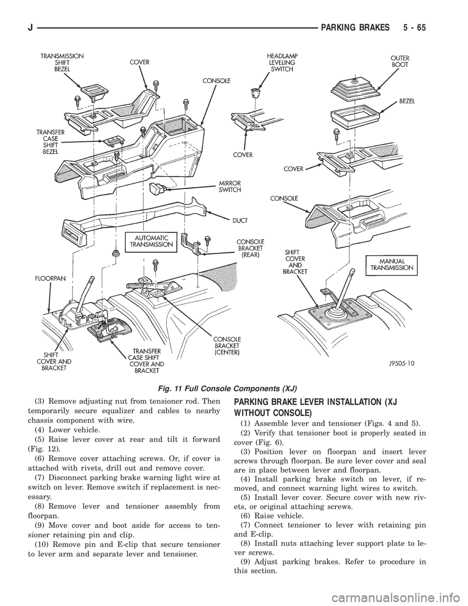 JEEP XJ 1995  Service And Repair Manual (3) Remove adjusting nut from tensioner rod. Then
temporarily secure equalizer and cables to nearby
chassis component with wire.
(4) Lower vehicle.
(5) Raise lever cover at rear and tilt it forward
(F
