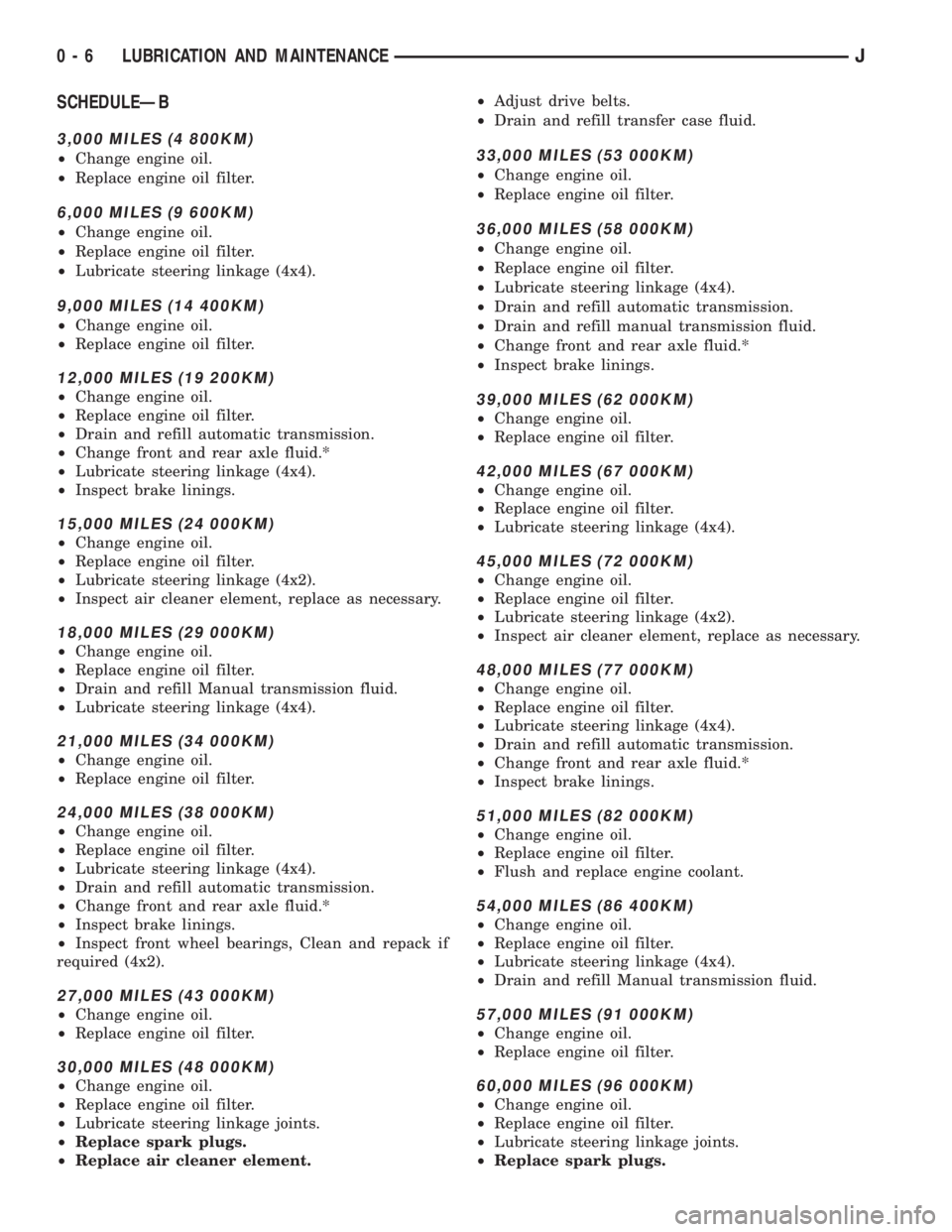 JEEP XJ 1995 Service And Owners Manual SCHEDULEÐB
3,000 MILES (4 800KM)
²Change engine oil.
²Replace engine oil filter.
6,000 MILES (9 600KM)
²Change engine oil.
²Replace engine oil filter.
²Lubricate steering linkage (4x4).
9,000 MI JEEP XJ 1995 Service And Owners Manual SCHEDULEÐB
3,000 MILES (4 800KM)
²Change engine oil.
²Replace engine oil filter.
6,000 MILES (9 600KM)
²Change engine oil.
²Replace engine oil filter.
²Lubricate steering linkage (4x4).
9,000 MI