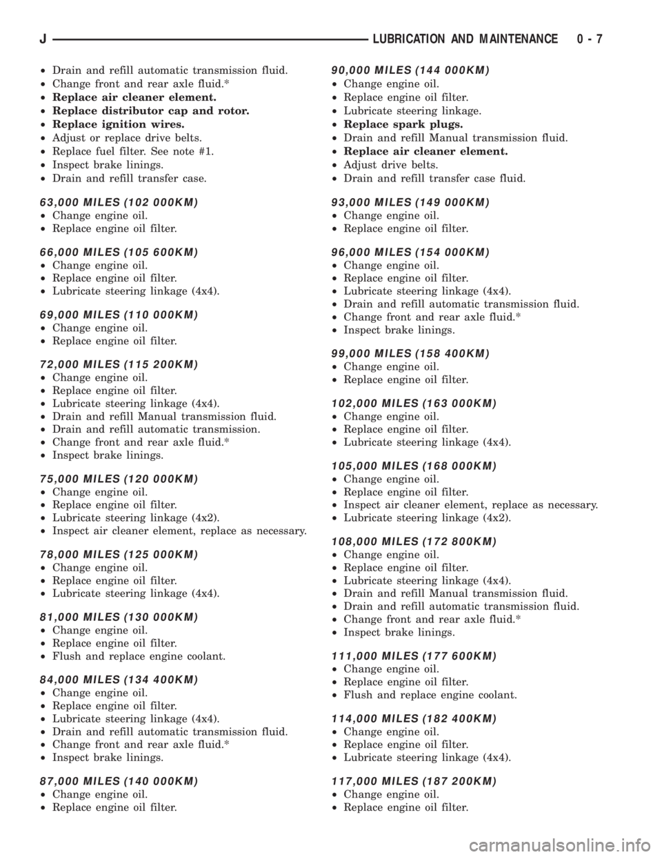 JEEP XJ 1995 Service And Owners Manual ²Drain and refill automatic transmission fluid.
²Change front and rear axle fluid.*
²Replace air cleaner element.
²Replace distributor cap and rotor.
²Replace ignition wires.
²Adjust or replace JEEP XJ 1995 Service And Owners Manual ²Drain and refill automatic transmission fluid.
²Change front and rear axle fluid.*
²Replace air cleaner element.
²Replace distributor cap and rotor.
²Replace ignition wires.
²Adjust or replace