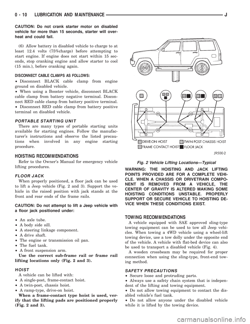 JEEP XJ 1995 Service And Owners Manual CAUTION: Do not crank starter motor on disabled
vehicle for more than 15 seconds, starter will over-
heat and could fail.
(6) Allow battery in disabled vehicle to charge to at
least 12.4 volts (75%cha JEEP XJ 1995 Service And Owners Manual CAUTION: Do not crank starter motor on disabled
vehicle for more than 15 seconds, starter will over-
heat and could fail.
(6) Allow battery in disabled vehicle to charge to at
least 12.4 volts (75%cha