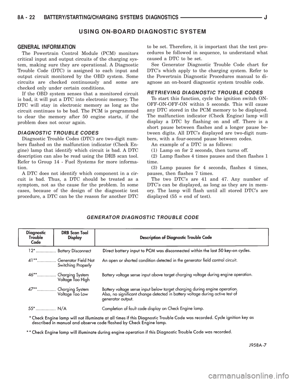 JEEP XJ 1995  Service And User Guide USING ON-BOARD DIAGNOSTIC SYSTEM
GENERAL INFORMATION
The Powertrain Control Module (PCM) monitors
critical input and output circuits of the charging sys-
tem, making sure they are operational. A Diagn