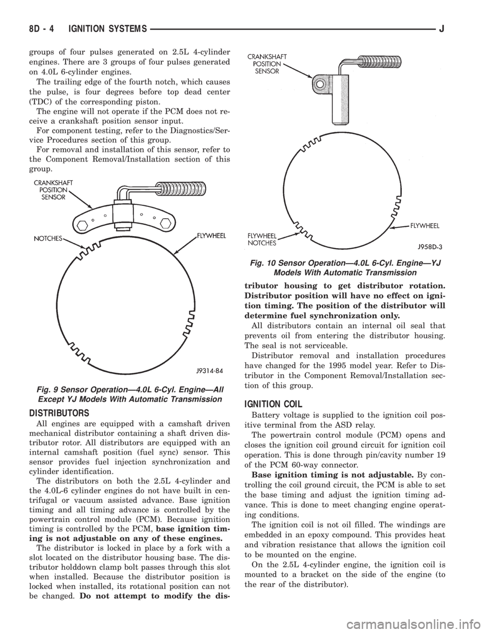 JEEP XJ 1995  Service And Owners Manual groups of four pulses generated on 2.5L 4-cylinder
engines. There are 3 groups of four pulses generated
on 4.0L 6-cylinder engines.
The trailing edge of the fourth notch, which causes
the pulse, is fo