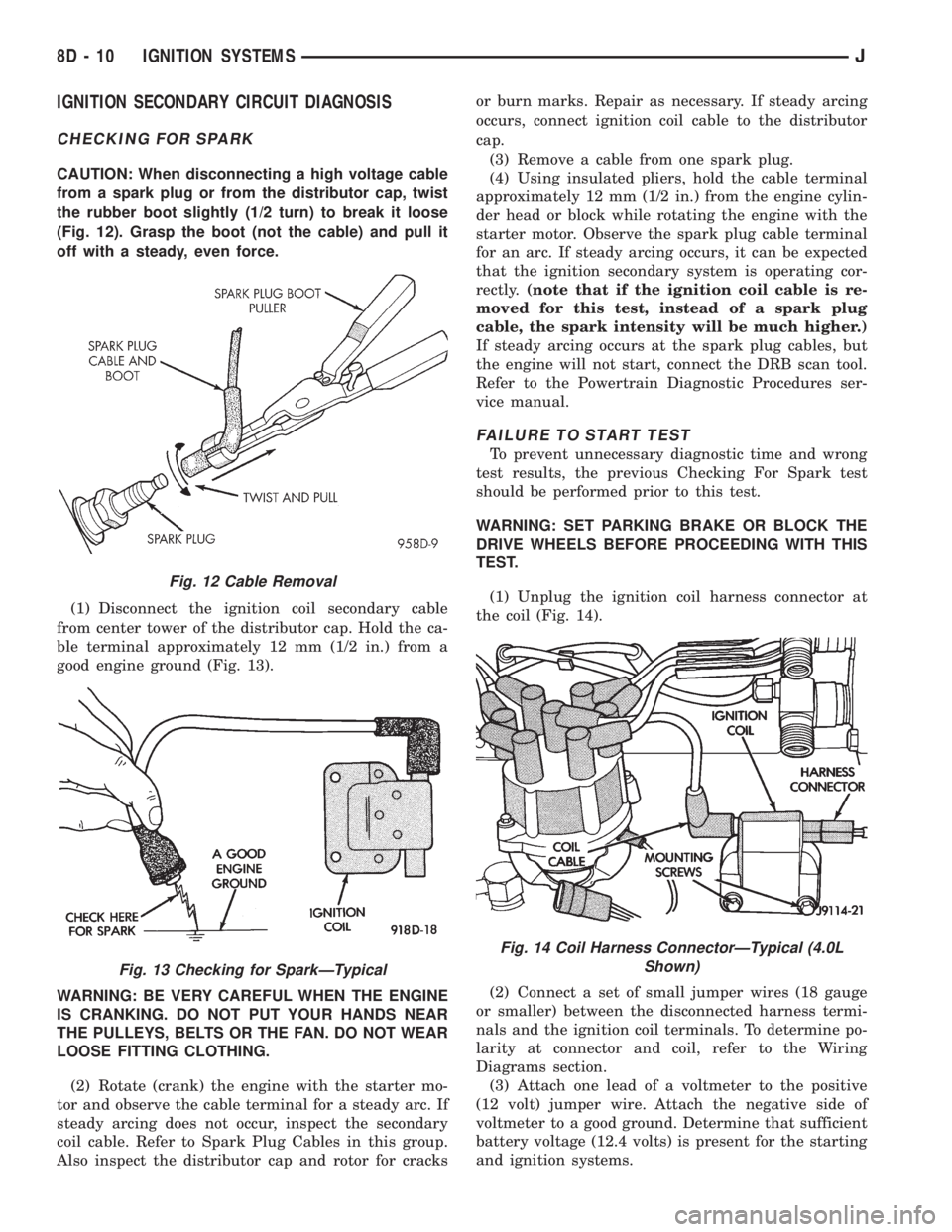 JEEP XJ 1995  Service And Repair Manual IGNITION SECONDARY CIRCUIT DIAGNOSIS
CHECKING FOR SPARK
CAUTION: When disconnecting a high voltage cable
from a spark plug or from the distributor cap, twist
the rubber boot slightly (1/2 turn) to bre