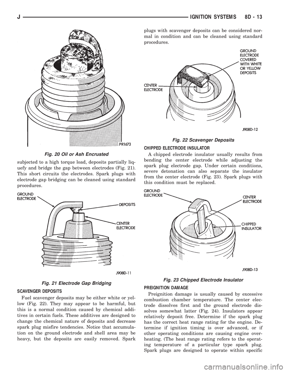 JEEP XJ 1995  Service And Repair Manual subjected to a high torque load, deposits partially liq-
uefy and bridge the gap between electrodes (Fig. 21).
This short circuits the electrodes. Spark plugs with
electrode gap bridging can be cleane