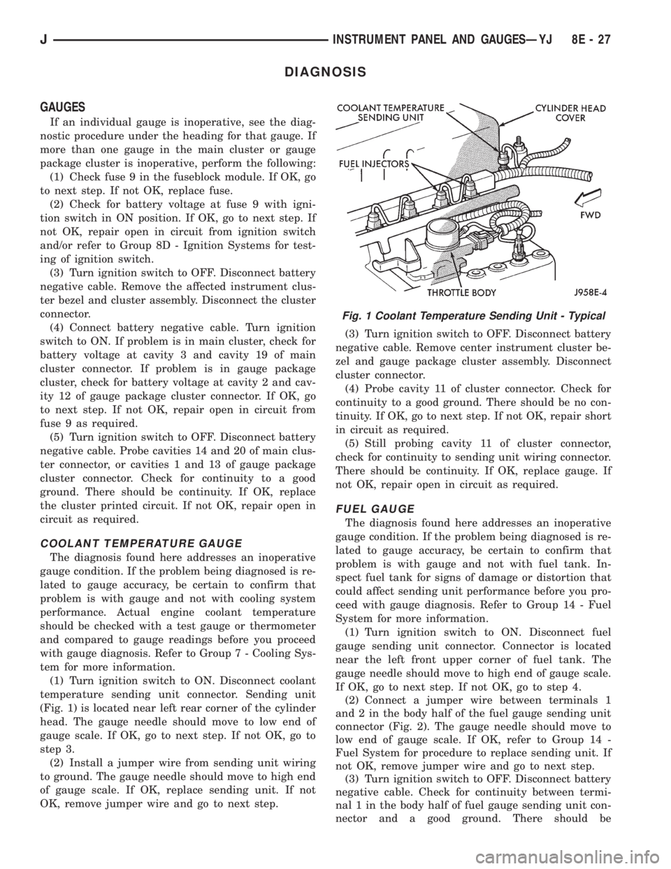 JEEP XJ 1995  Service And User Guide DIAGNOSIS
GAUGES
If an individual gauge is inoperative, see the diag-
nostic procedure under the heading for that gauge. If
more than one gauge in the main cluster or gauge
package cluster is inoperat