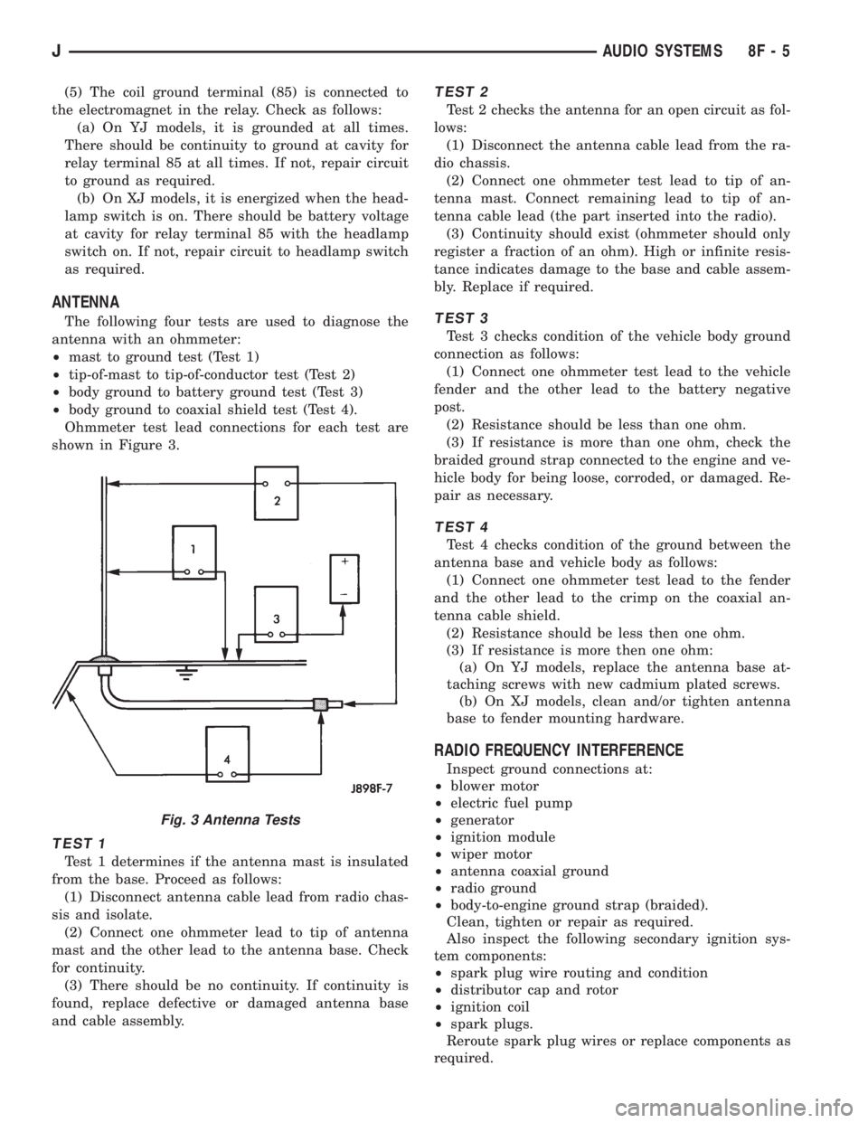 JEEP XJ 1995 Service And Owners Manual (5) The coil ground terminal (85) is connected to
the electromagnet in the relay. Check as follows:
(a) On YJ models, it is grounded at all times.
There should be continuity to ground at cavity for
re JEEP XJ 1995 Service And Owners Manual (5) The coil ground terminal (85) is connected to
the electromagnet in the relay. Check as follows:
(a) On YJ models, it is grounded at all times.
There should be continuity to ground at cavity for
re