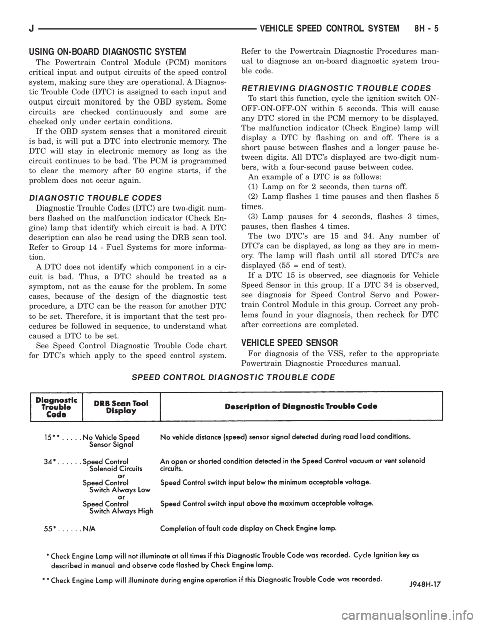 JEEP XJ 1995  Service And Service Manual USING ON-BOARD DIAGNOSTIC SYSTEM
The Powertrain Control Module (PCM) monitors
critical input and output circuits of the speed control
system, making sure they are operational. A Diagnos-
tic Trouble C