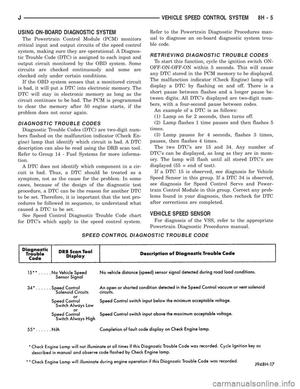 JEEP XJ 1995  Service And User Guide USING ON-BOARD DIAGNOSTIC SYSTEM
The Powertrain Control Module (PCM) monitors
critical input and output circuits of the speed control
system, making sure they are operational. A Diagnos-
tic Trouble C