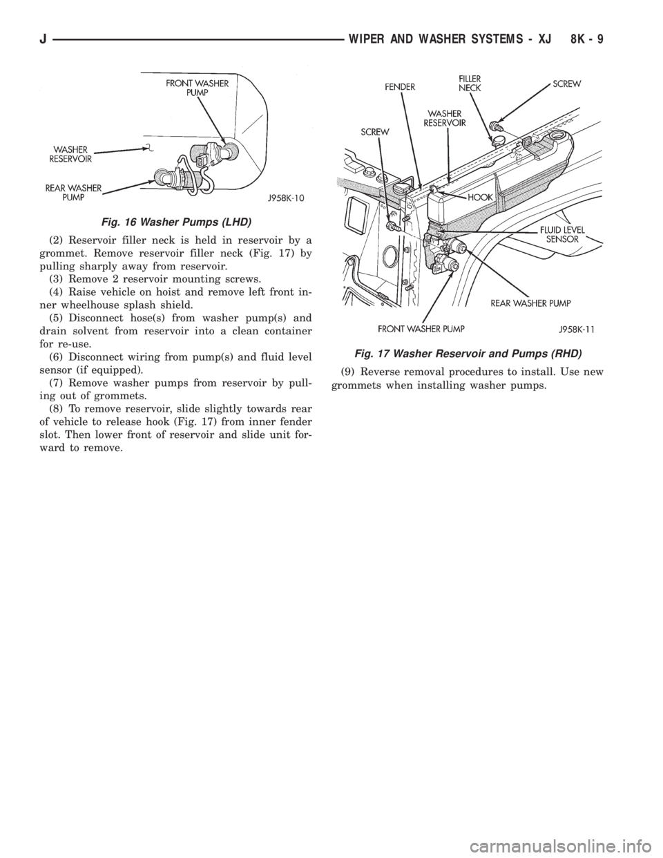 JEEP XJ 1995  Service And Workshop Manual (2) Reservoir filler neck is held in reservoir by a
grommet. Remove reservoir filler neck (Fig. 17) by
pulling sharply away from reservoir.
(3) Remove 2 reservoir mounting screws.
(4) Raise vehicle on