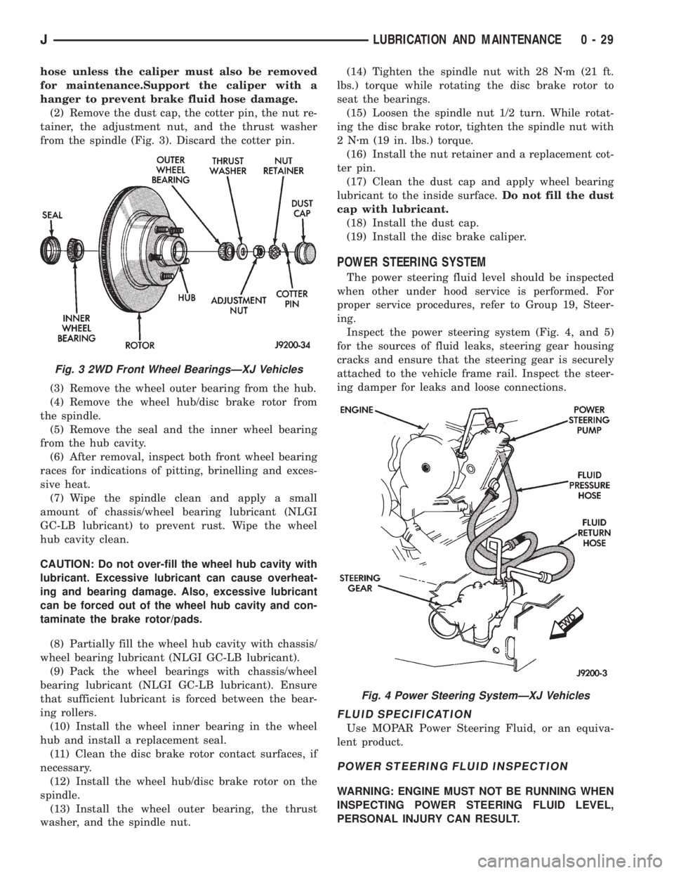 JEEP XJ 1995  Service And Repair Manual hose unless the caliper must also be removed
for maintenance.Support the caliper with a
hanger to prevent brake fluid hose damage.
(2) Remove the dust cap, the cotter pin, the nut re-
tainer, the adju