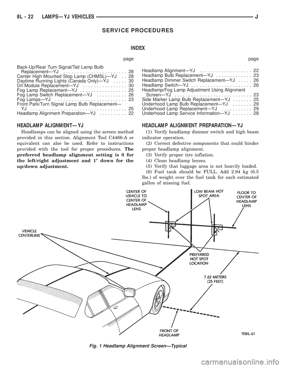 JEEP XJ 1995 Service And Owners Guide SERVICE PROCEDURES
INDEX
page page
Back-Up/Rear Turn Signal/Tail Lamp Bulb
ReplacementÐYJ....................... 28
Center High Mounted Stop Lamp (CHMSL)ÐYJ . . 28
Daytime Running Lights (Canada Onl JEEP XJ 1995 Service And Owners Guide SERVICE PROCEDURES
INDEX
page page
Back-Up/Rear Turn Signal/Tail Lamp Bulb
ReplacementÐYJ....................... 28
Center High Mounted Stop Lamp (CHMSL)ÐYJ . . 28
Daytime Running Lights (Canada Onl