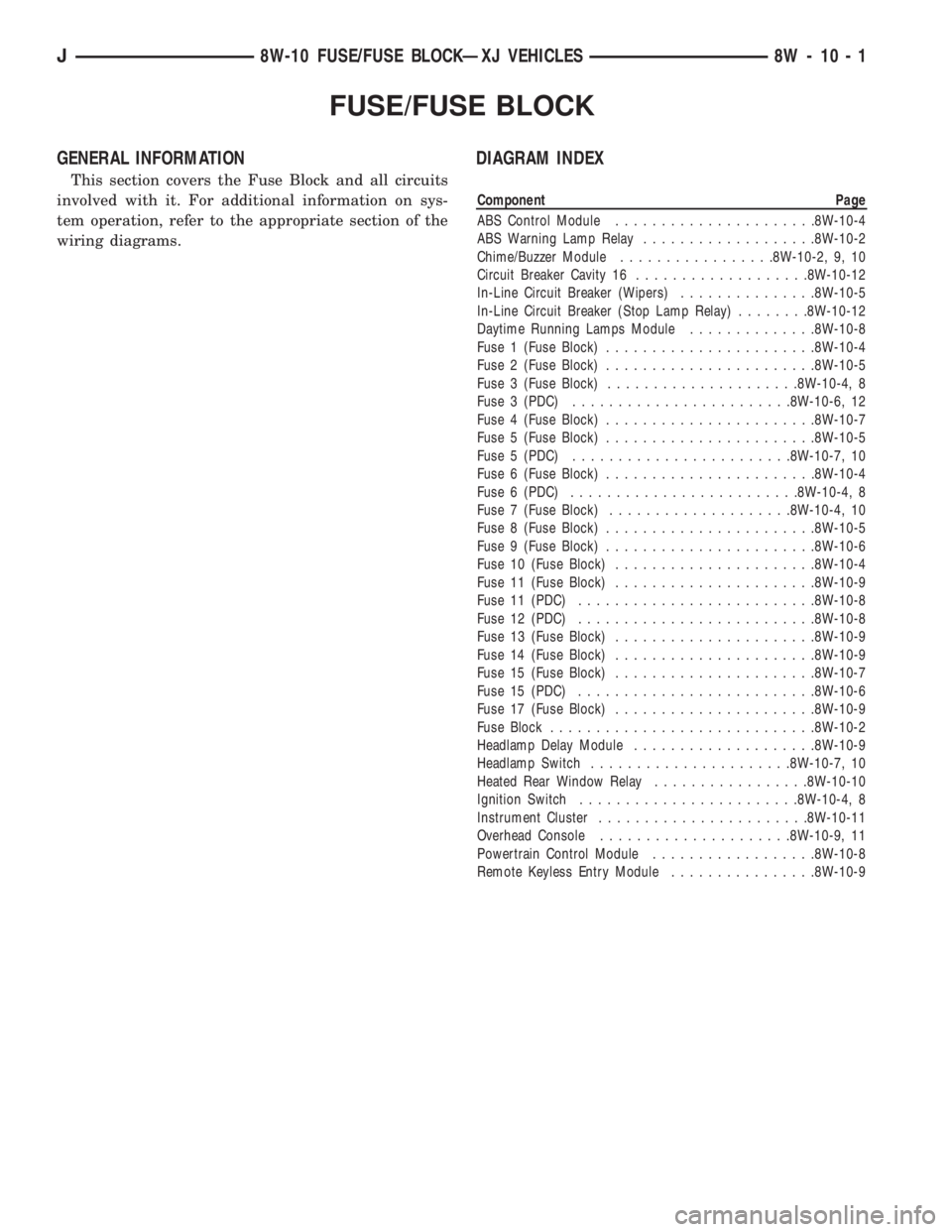 JEEP XJ 1995  Service And Repair Manual FUSE/FUSE BLOCK
GENERAL INFORMATION
This section covers the Fuse Block and all circuits
involved with it. For additional information on sys-
tem operation, refer to the appropriate section of the
wiri