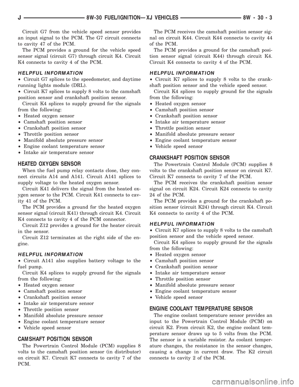JEEP XJ 1995  Service And Workshop Manual Circuit G7 from the vehicle speed sensor provides
an input signal to the PCM. The G7 circuit connects
to cavity 47 of the PCM.
The PCM provides a ground for the vehicle speed
sensor signal (circuit G7