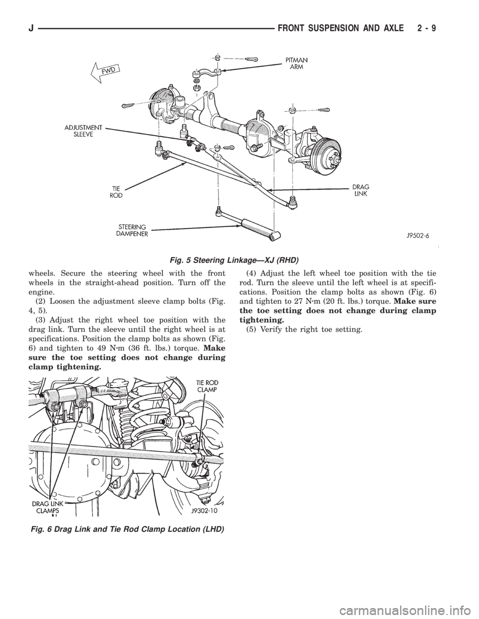 JEEP XJ 1995  Service And Repair Manual wheels. Secure the steering wheel with the front
wheels in the straight-ahead position. Turn off the
engine.
(2) Loosen the adjustment sleeve clamp bolts (Fig.
4, 5).
(3) Adjust the right wheel toe po