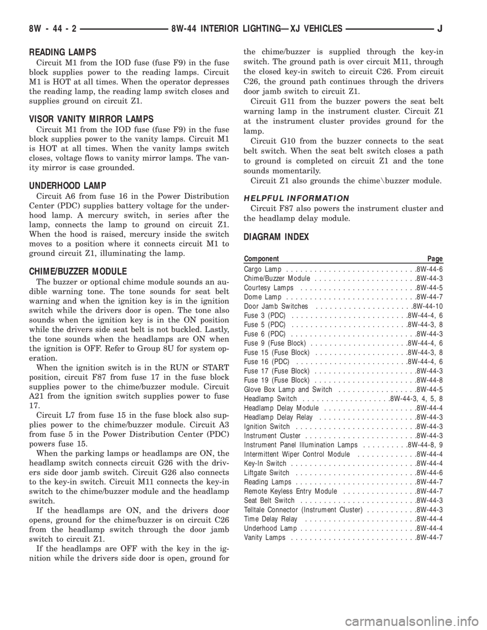 JEEP XJ 1995  Service And Repair Manual READING LAMPS
Circuit M1 from the IOD fuse (fuse F9) in the fuse
block supplies power to the reading lamps. Circuit
M1 is HOT at all times. When the operator depresses
the reading lamp, the reading la