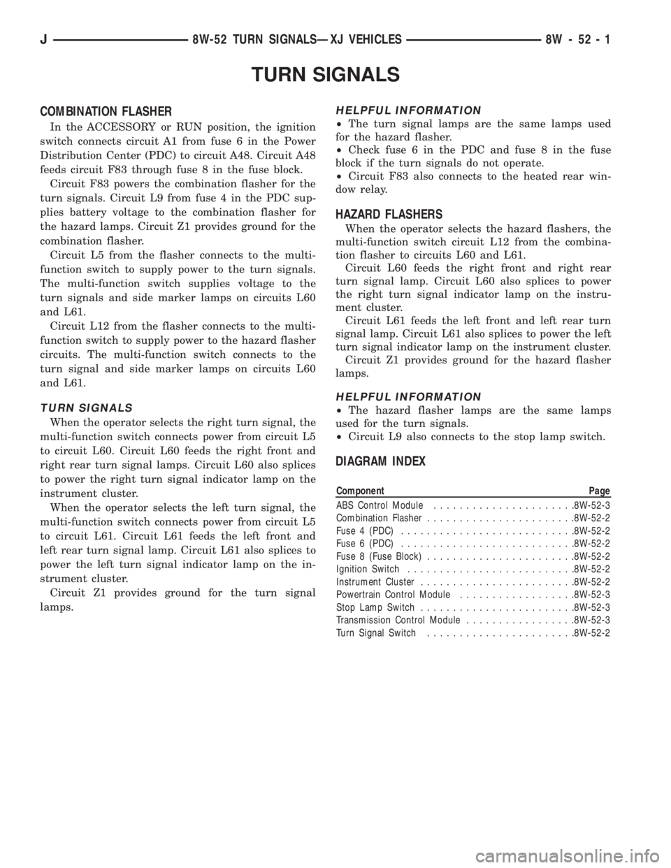 JEEP XJ 1995  Service And Repair Manual TURN SIGNALS
COMBINATION FLASHER
In the ACCESSORY or RUN position, the ignition
switch connects circuit A1 from fuse 6 in the Power
Distribution Center (PDC) to circuit A48. Circuit A48
feeds circuit 