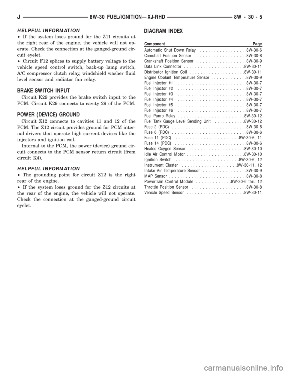 JEEP XJ 1995 Service And Manual PDF HELPFUL INFORMATION
²If the system loses ground for the Z11 circuits at
the right rear of the engine, the vehicle will not op-
erate. Check the connection at the ganged-ground cir-
cuit eyelet.
²Cir JEEP XJ 1995 Service And Manual PDF HELPFUL INFORMATION
²If the system loses ground for the Z11 circuits at
the right rear of the engine, the vehicle will not op-
erate. Check the connection at the ganged-ground cir-
cuit eyelet.
²Cir