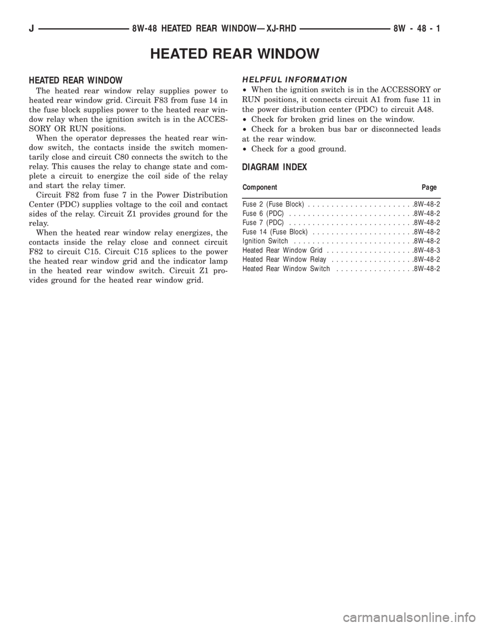 JEEP XJ 1995  Service And Repair Manual HEATED REAR WINDOW
HEATED REAR WINDOW
The heated rear window relay supplies power to
heated rear window grid. Circuit F83 from fuse 14 in
the fuse block supplies power to the heated rear win-
dow rela