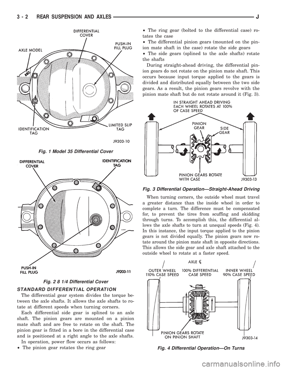 JEEP YJ 1995 Service And Repair Manual STANDARD DIFFERENTIAL OPERATION
The differential gear system divides the torque be-
tween the axle shafts. It allows the axle shafts to ro-
tate at different speeds when turning corners.
Each differen JEEP YJ 1995 Service And Repair Manual STANDARD DIFFERENTIAL OPERATION
The differential gear system divides the torque be-
tween the axle shafts. It allows the axle shafts to ro-
tate at different speeds when turning corners.
Each differen