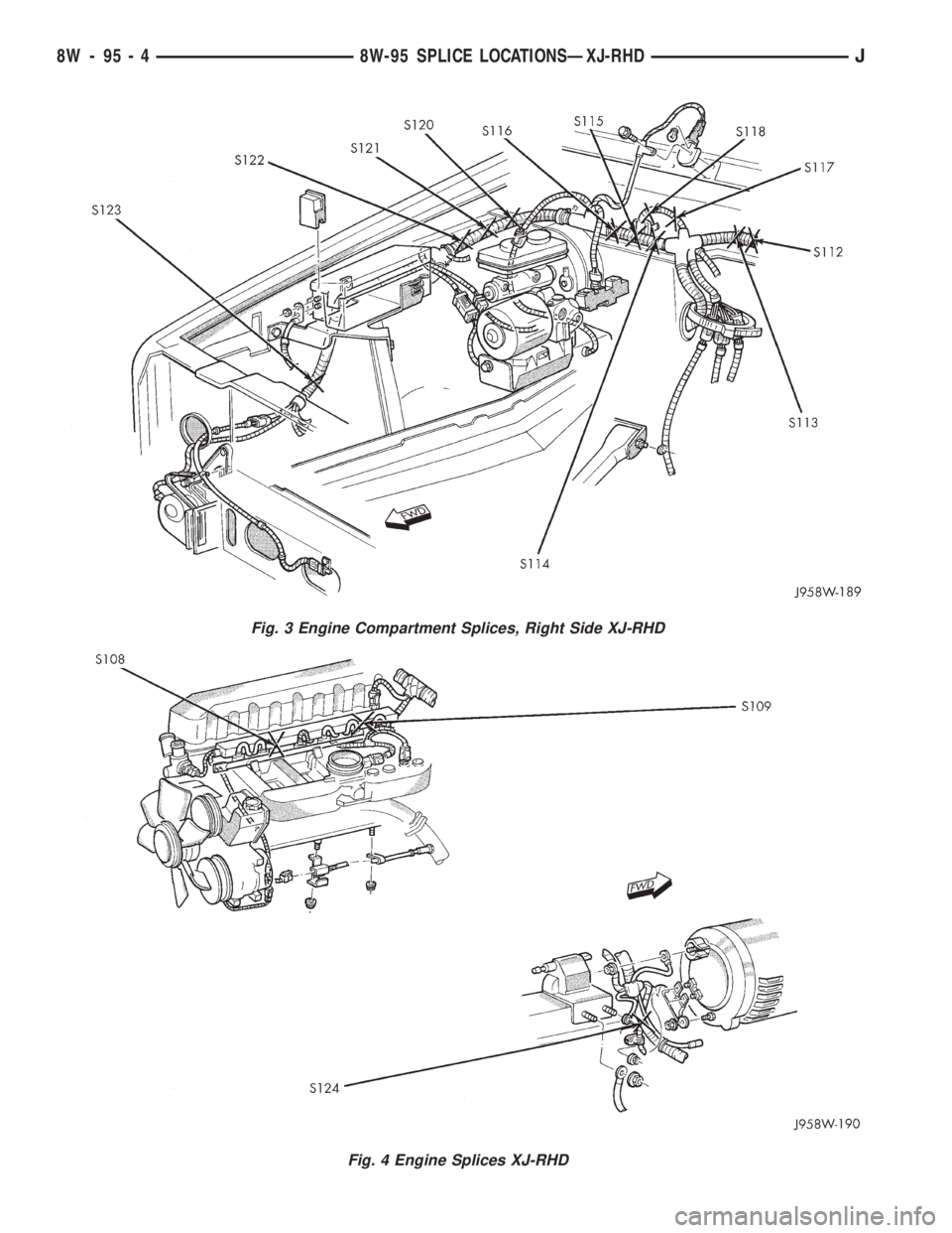 JEEP YJ 1995  Service And Repair Manual Fig. 3 Engine Compartment Splices, Right Side XJ-RHD
Fig. 4 Engine Splices XJ-RHD
8W - 95 - 4 8W-95 SPLICE LOCATIONSÐXJ-RHDJ 