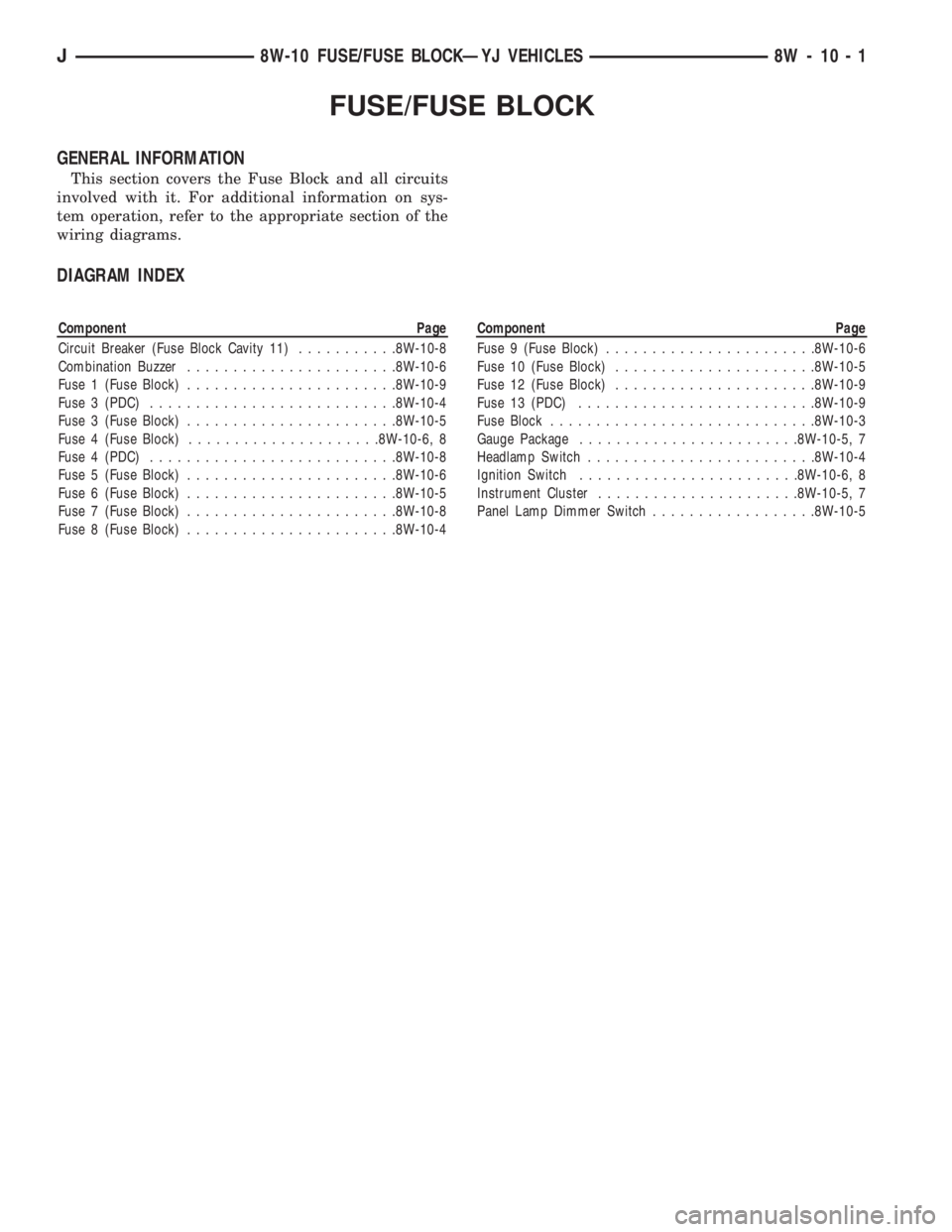 JEEP YJ 1995  Service And Repair Manual FUSE/FUSE BLOCK
GENERAL INFORMATION
This section covers the Fuse Block and all circuits
involved with it. For additional information on sys-
tem operation, refer to the appropriate section of the
wiri