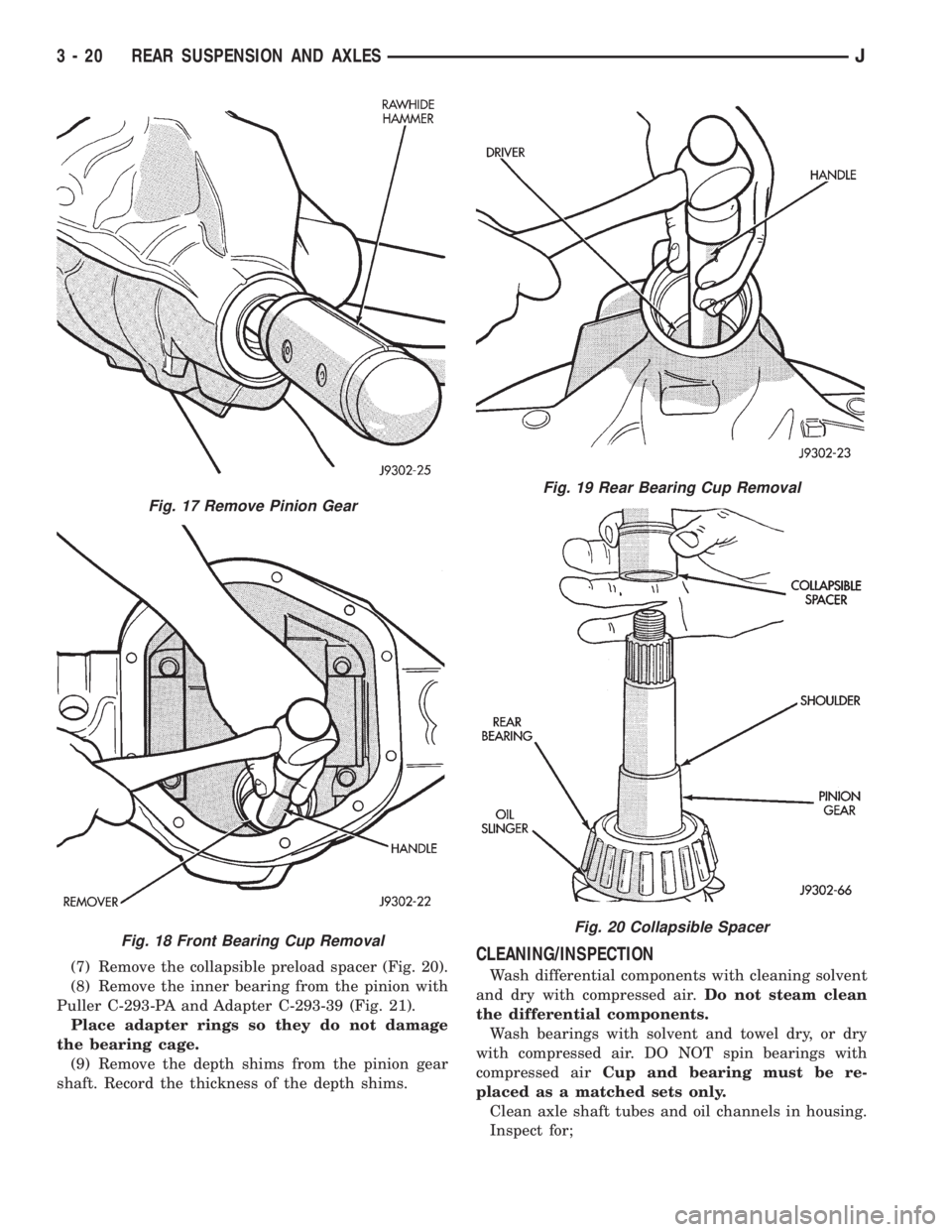JEEP YJ 1995 Service And Repair Manual (7) Remove the collapsible preload spacer (Fig. 20).
(8) Remove the inner bearing from the pinion with
Puller C-293-PA and Adapter C-293-39 (Fig. 21).
Place adapter rings so they do not damage
the bea JEEP YJ 1995 Service And Repair Manual (7) Remove the collapsible preload spacer (Fig. 20).
(8) Remove the inner bearing from the pinion with
Puller C-293-PA and Adapter C-293-39 (Fig. 21).
Place adapter rings so they do not damage
the bea