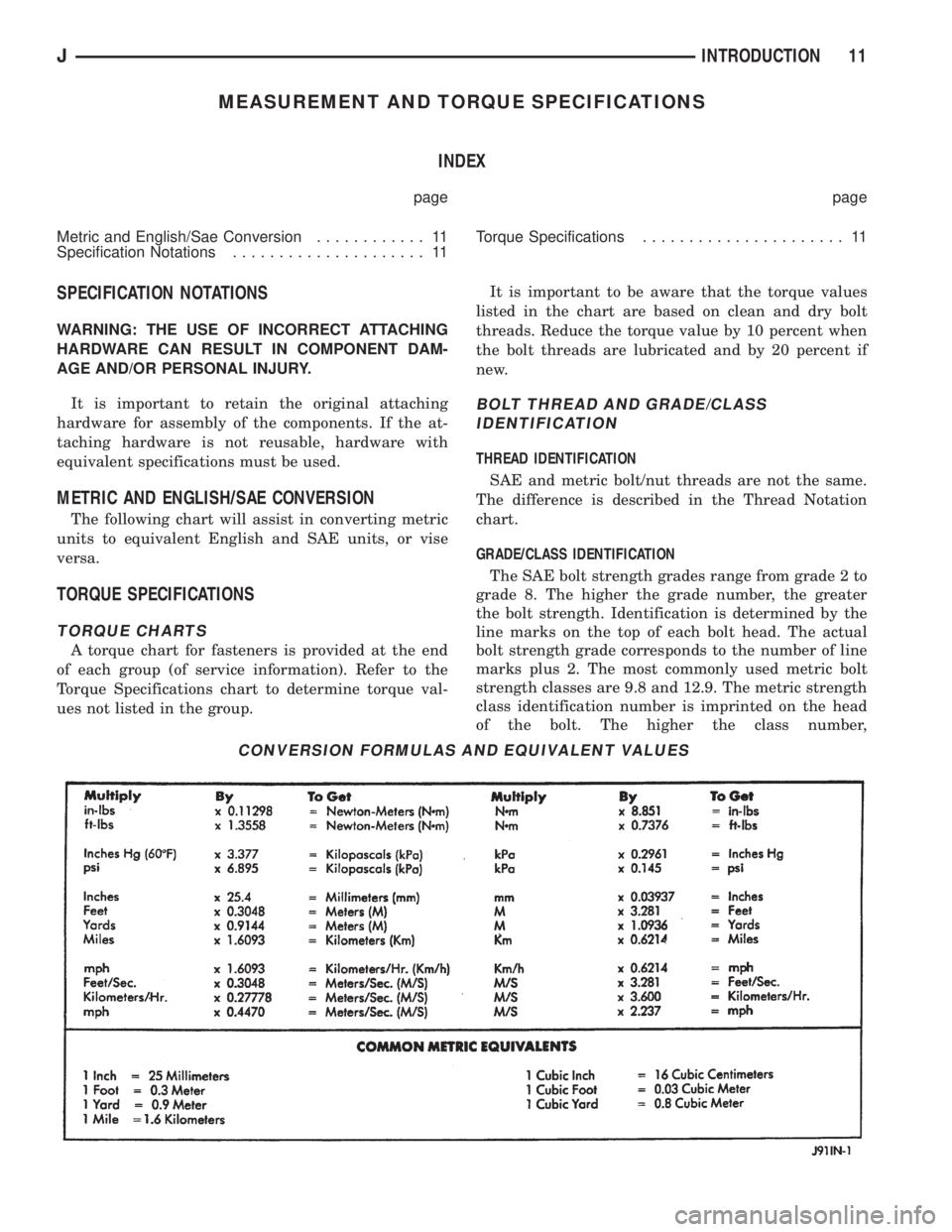JEEP YJ 1995 Service And User Guide MEASUREMENT AND TORQUE SPECIFICATIONS
INDEX
page page
Metric and English/Sae Conversion............ 11
Specification Notations..................... 11Torque Specifications...................... 11
SPE JEEP YJ 1995 Service And User Guide MEASUREMENT AND TORQUE SPECIFICATIONS
INDEX
page page
Metric and English/Sae Conversion............ 11
Specification Notations..................... 11Torque Specifications...................... 11
SPE