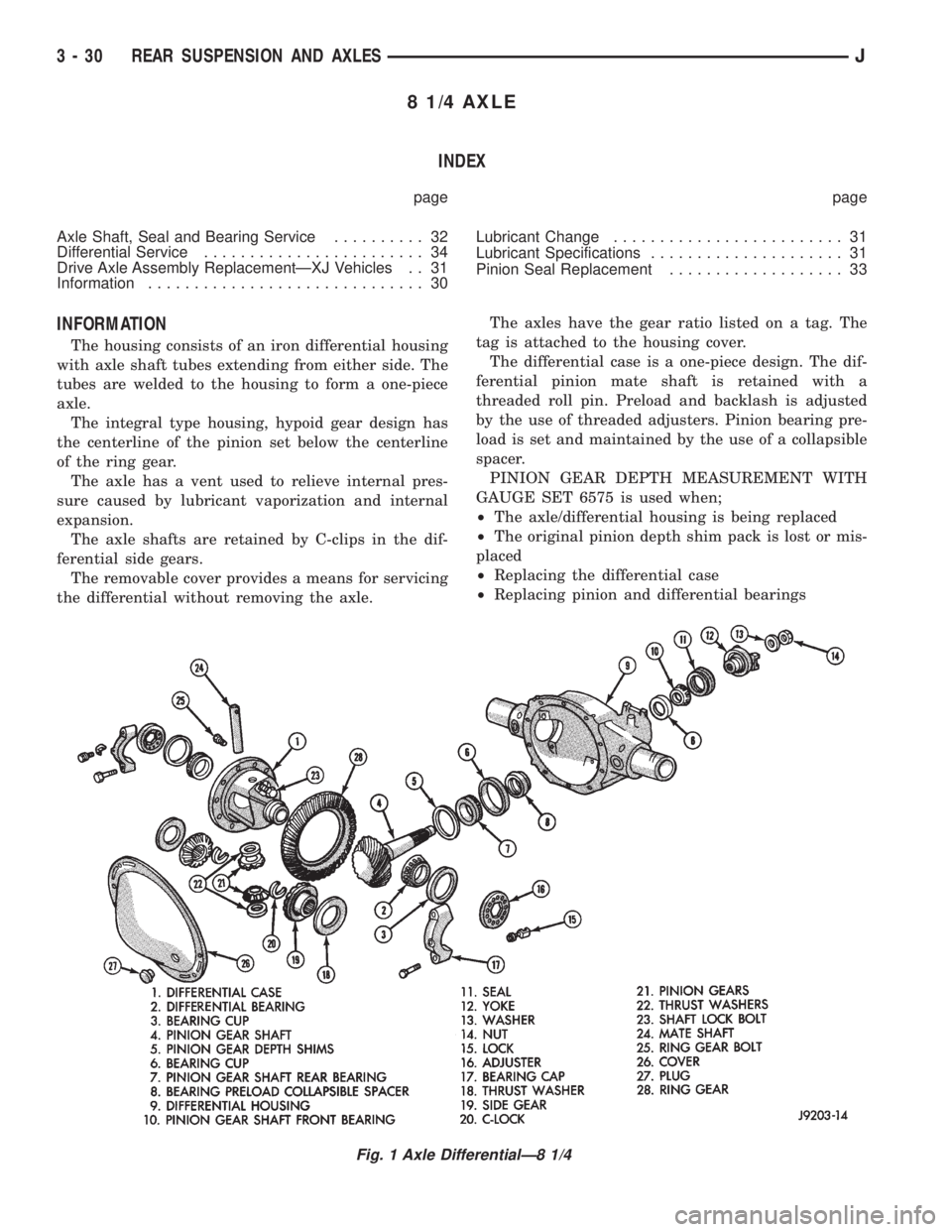 JEEP YJ 1995 Service And Repair Manual 8 1/4 AXLE
INDEX
page page
Axle Shaft, Seal and Bearing Service.......... 32
Differential Service........................ 34
Drive Axle Assembly ReplacementÐXJ Vehicles . . 31
Information............ JEEP YJ 1995 Service And Repair Manual 8 1/4 AXLE
INDEX
page page
Axle Shaft, Seal and Bearing Service.......... 32
Differential Service........................ 34
Drive Axle Assembly ReplacementÐXJ Vehicles . . 31
Information............