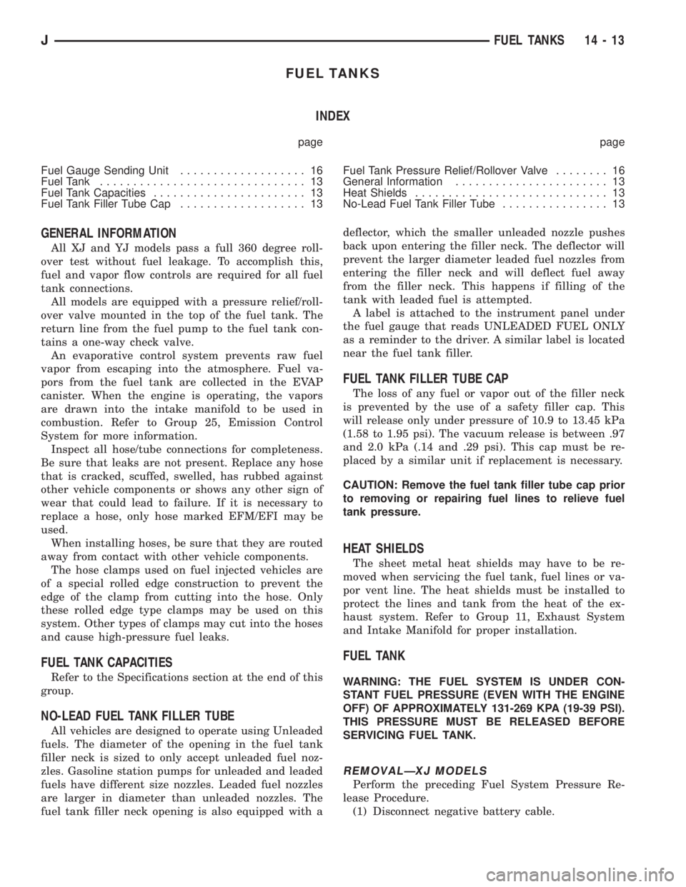 JEEP YJ 1995  Service And Repair Manual FUEL TANKS
INDEX
page page
Fuel Gauge Sending Unit................... 16
Fuel Tank............................... 13
Fuel Tank Capacities....................... 13
Fuel Tank Filler Tube Cap...........
