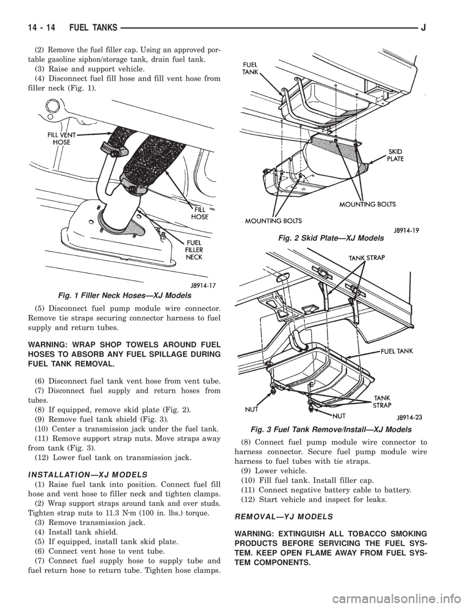 JEEP YJ 1995  Service And Repair Manual (2) Remove the fuel filler cap. Using an approved por-
table gasoline siphon/storage tank, drain fuel tank.
(3) Raise and support vehicle.
(4) Disconnect fuel fill hose and fill vent hose from
filler 