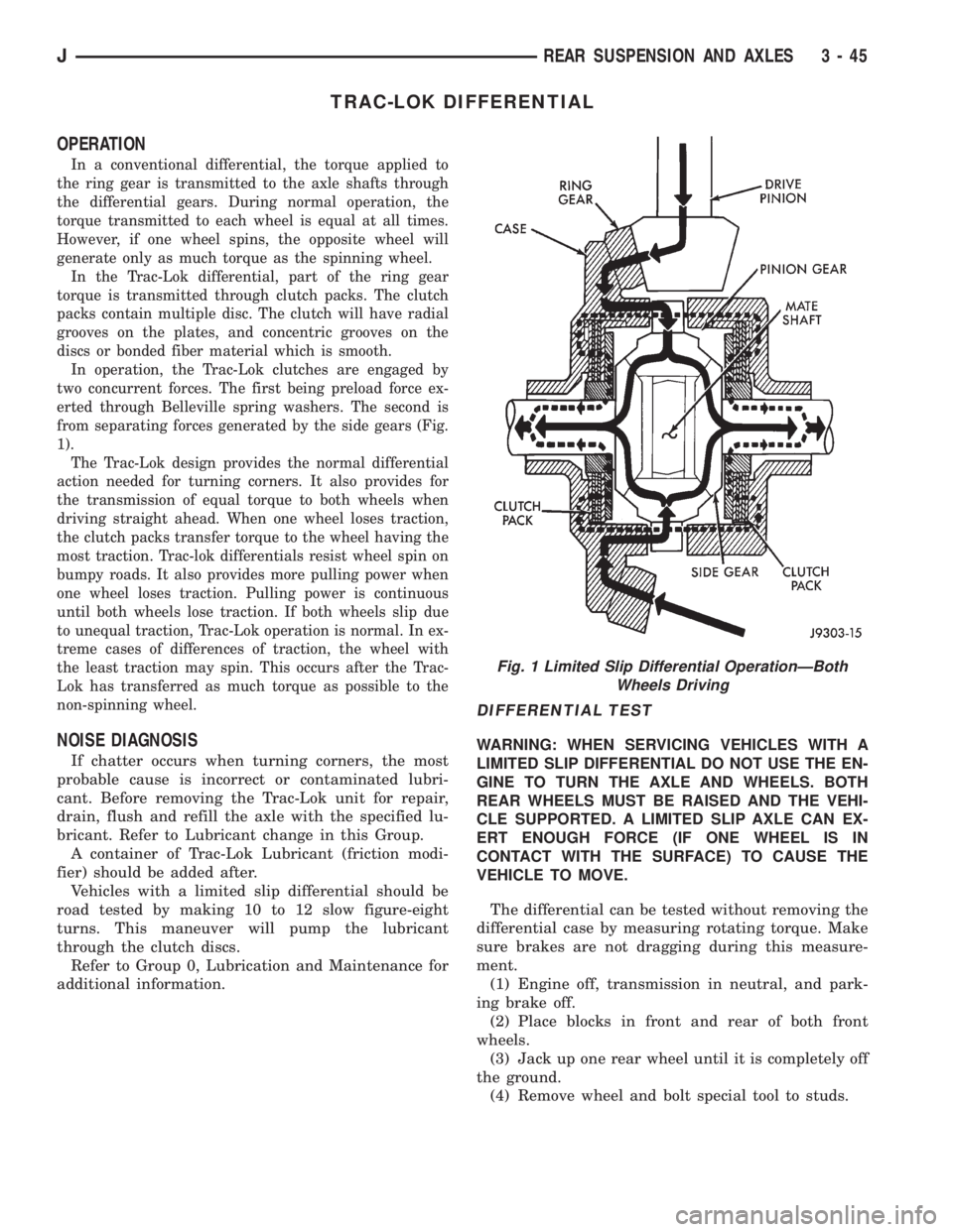 JEEP YJ 1995 Service And Repair Manual TRAC-LOK DIFFERENTIAL
OPERATION
In a conventional differential, the torque applied to
the ring gear is transmitted to the axle shafts through
the differential gears. During normal operation, the
torqu JEEP YJ 1995 Service And Repair Manual TRAC-LOK DIFFERENTIAL
OPERATION
In a conventional differential, the torque applied to
the ring gear is transmitted to the axle shafts through
the differential gears. During normal operation, the
torqu