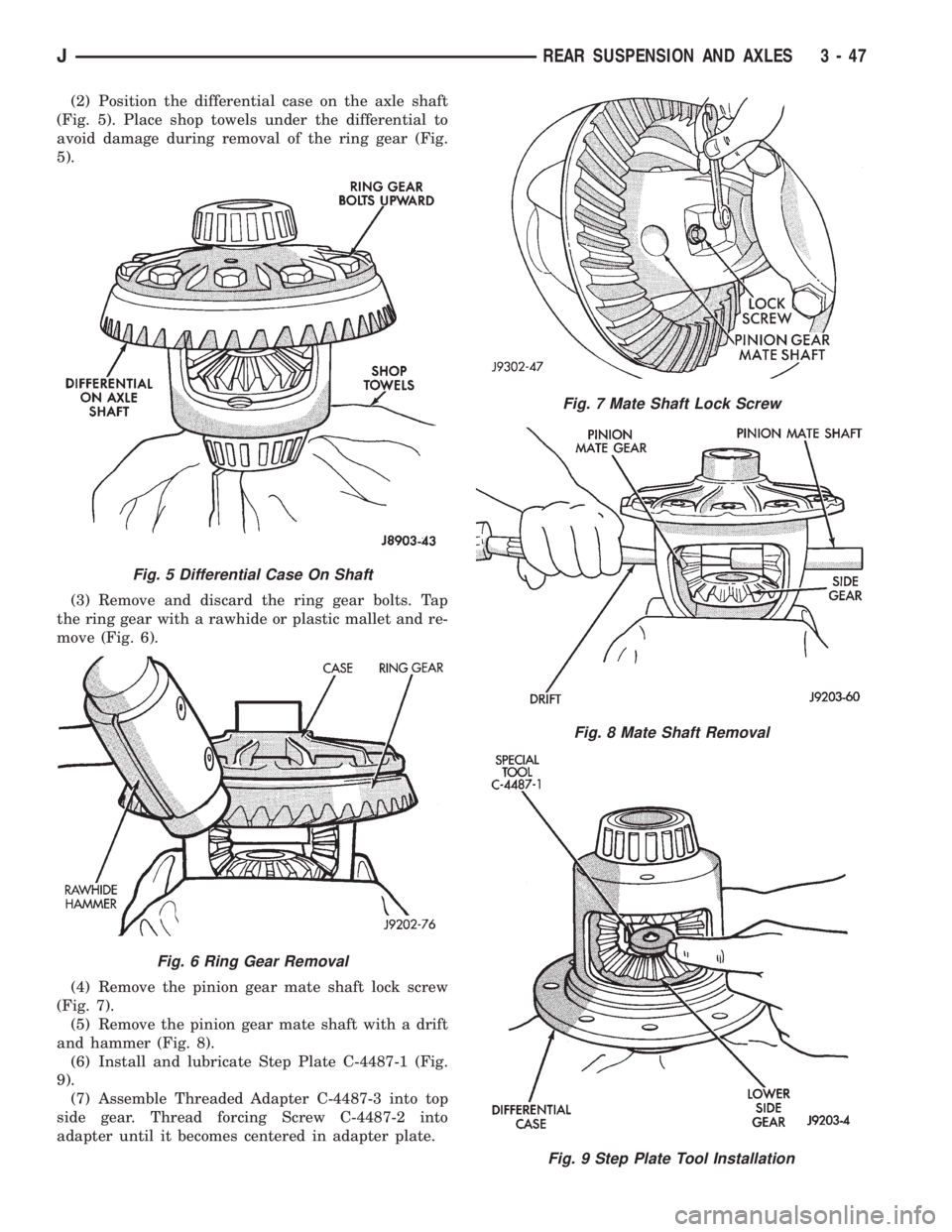JEEP YJ 1995 Service And Repair Manual (2) Position the differential case on the axle shaft
(Fig. 5). Place shop towels under the differential to
avoid damage during removal of the ring gear (Fig.
5).
(3) Remove and discard the ring gear b JEEP YJ 1995 Service And Repair Manual (2) Position the differential case on the axle shaft
(Fig. 5). Place shop towels under the differential to
avoid damage during removal of the ring gear (Fig.
5).
(3) Remove and discard the ring gear b