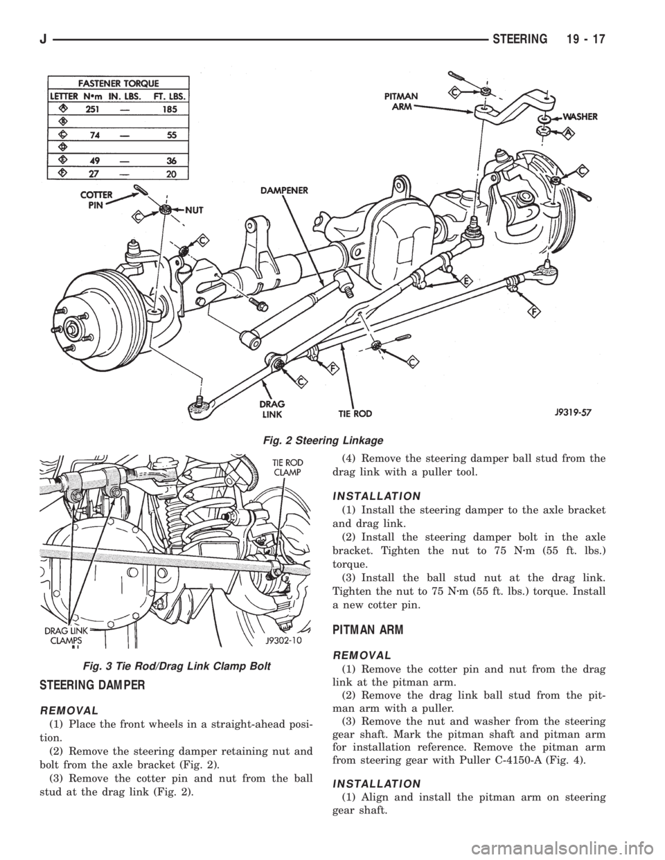 JEEP YJ 1995 Service And Repair Manual STEERING DAMPER
REMOVAL
(1) Place the front wheels in a straight-ahead posi-
tion.
(2) Remove the steering damper retaining nut and
bolt from the axle bracket (Fig. 2).
(3) Remove the cotter pin and n JEEP YJ 1995 Service And Repair Manual STEERING DAMPER
REMOVAL
(1) Place the front wheels in a straight-ahead posi-
tion.
(2) Remove the steering damper retaining nut and
bolt from the axle bracket (Fig. 2).
(3) Remove the cotter pin and n