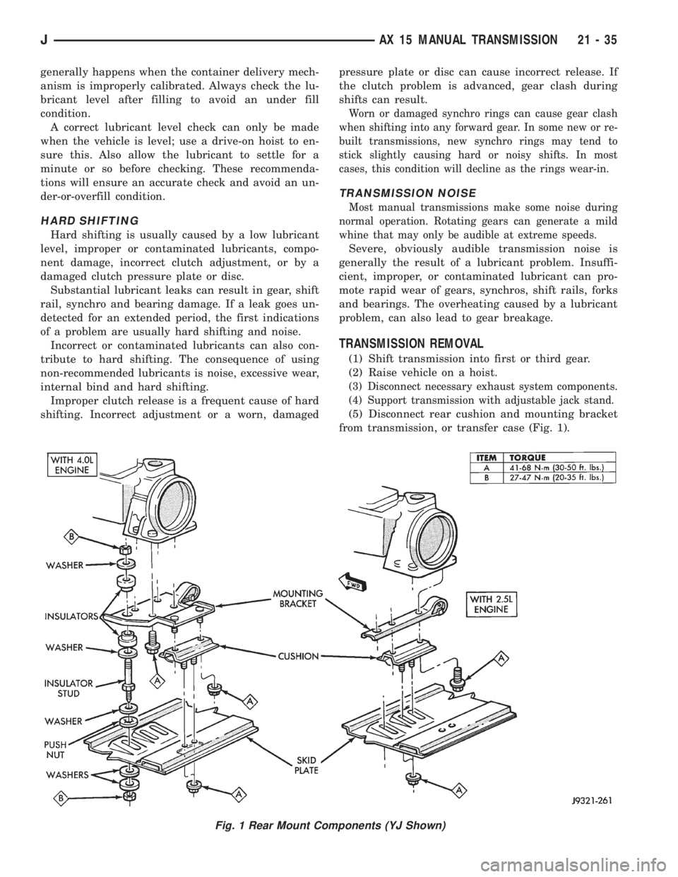 JEEP YJ 1995 Service And Repair Manual generally happens when the container delivery mech-
anism is improperly calibrated. Always check the lu-
bricant level after filling to avoid an under fill
condition.
A correct lubricant level check c JEEP YJ 1995 Service And Repair Manual generally happens when the container delivery mech-
anism is improperly calibrated. Always check the lu-
bricant level after filling to avoid an under fill
condition.
A correct lubricant level check c