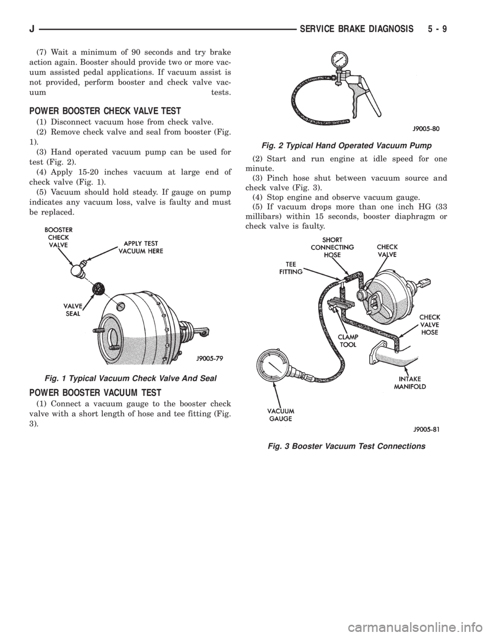 JEEP YJ 1995  Service And Repair Manual (7) Wait a minimum of 90 seconds and try brake
action again. Booster should provide two or more vac-
uum assisted pedal applications. If vacuum assist is
not provided, perform booster and check valve 