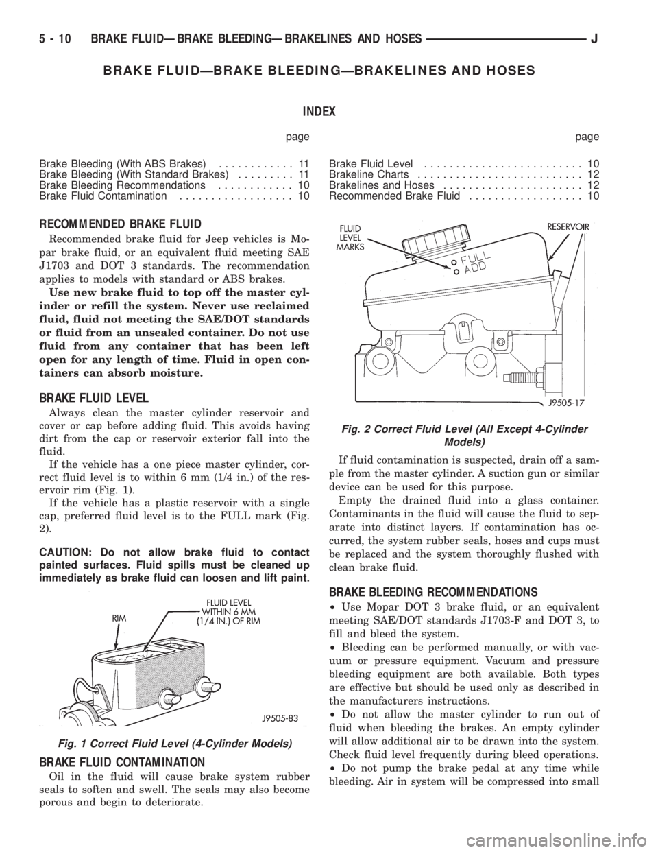 JEEP YJ 1995 Service And Repair Manual BRAKE FLUIDÐBRAKE BLEEDINGÐBRAKELINES AND HOSES
INDEX
page page
Brake Bleeding (With ABS Brakes)............ 11
Brake Bleeding (With Standard Brakes)......... 11
Brake Bleeding Recommendations...... JEEP YJ 1995 Service And Repair Manual BRAKE FLUIDÐBRAKE BLEEDINGÐBRAKELINES AND HOSES
INDEX
page page
Brake Bleeding (With ABS Brakes)............ 11
Brake Bleeding (With Standard Brakes)......... 11
Brake Bleeding Recommendations......