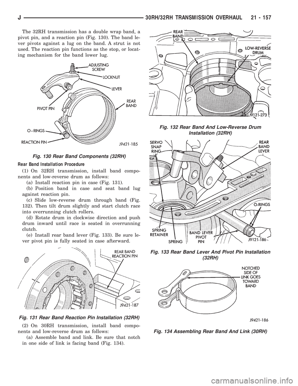 JEEP YJ 1995  Service And Service Manual The 32RH transmission has a double wrap band, a
pivot pin, and a reaction pin (Fig. 130). The band le-
ver pivots against a lug on the band. A strut is not
used. The reaction pin functions as the stop